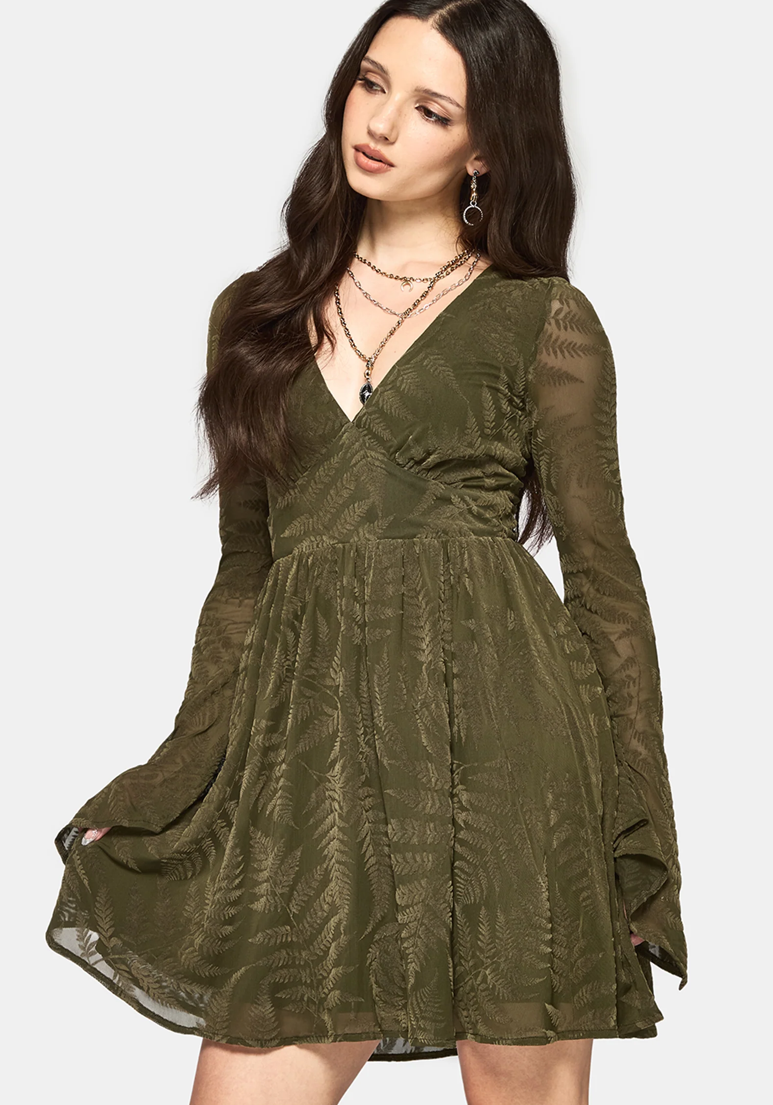 Lunafern Flocked Fern Flute Sleeve Mini Dress - Green - Image 6