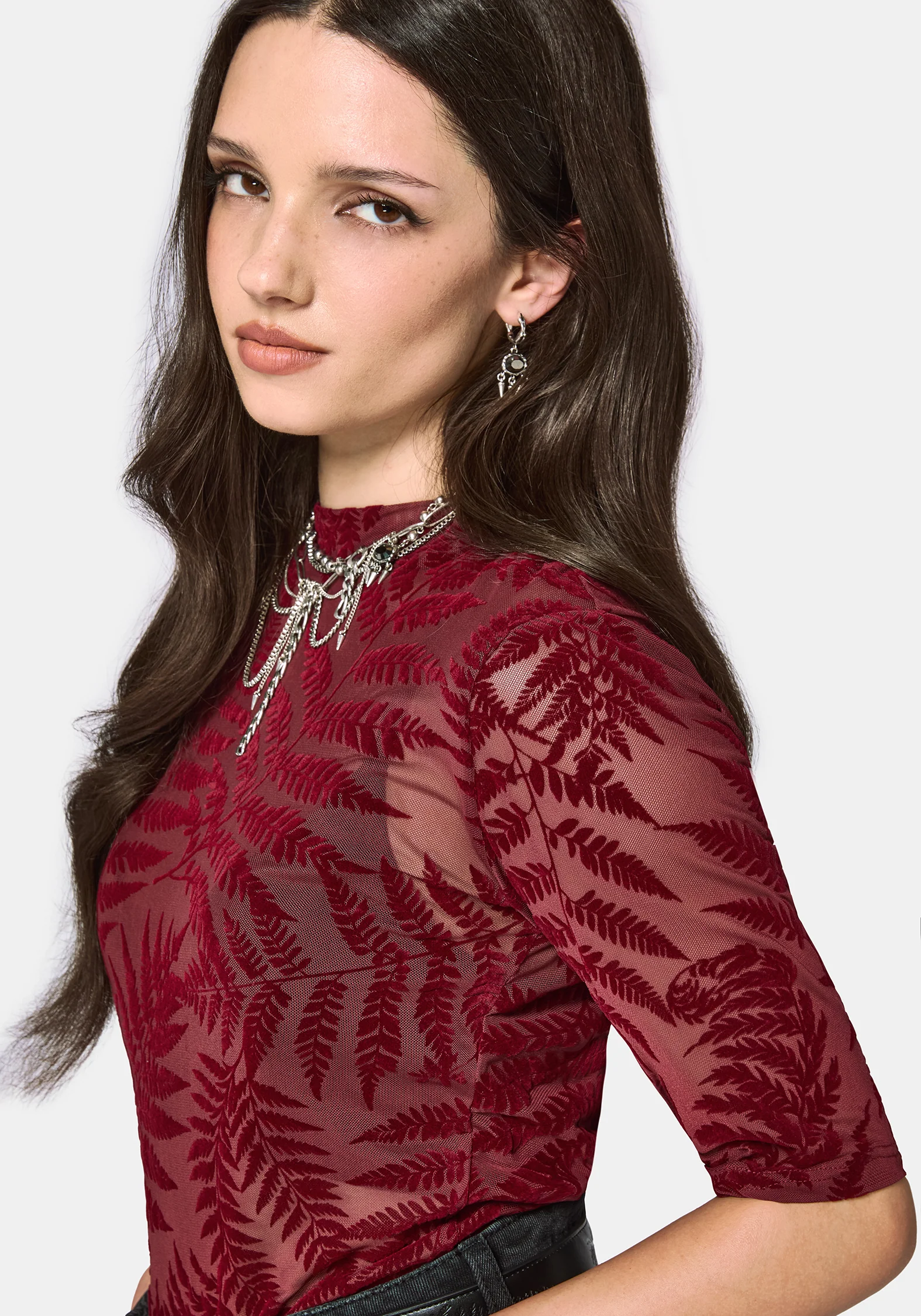 Lunafern Flocked Fern Short Sleeve Mesh Top - Burgundy - Image 3
