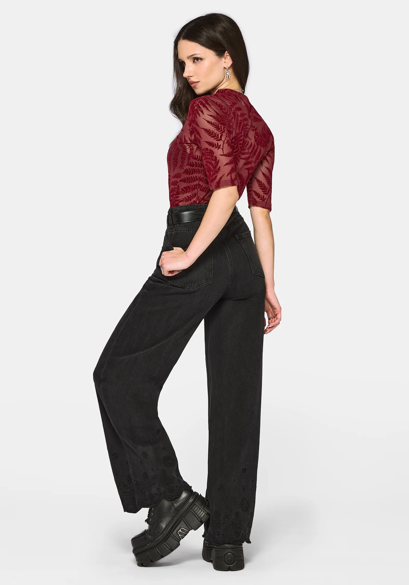Lunafern Flocked Fern Short Sleeve Mesh Top - Burgundy - Image 4