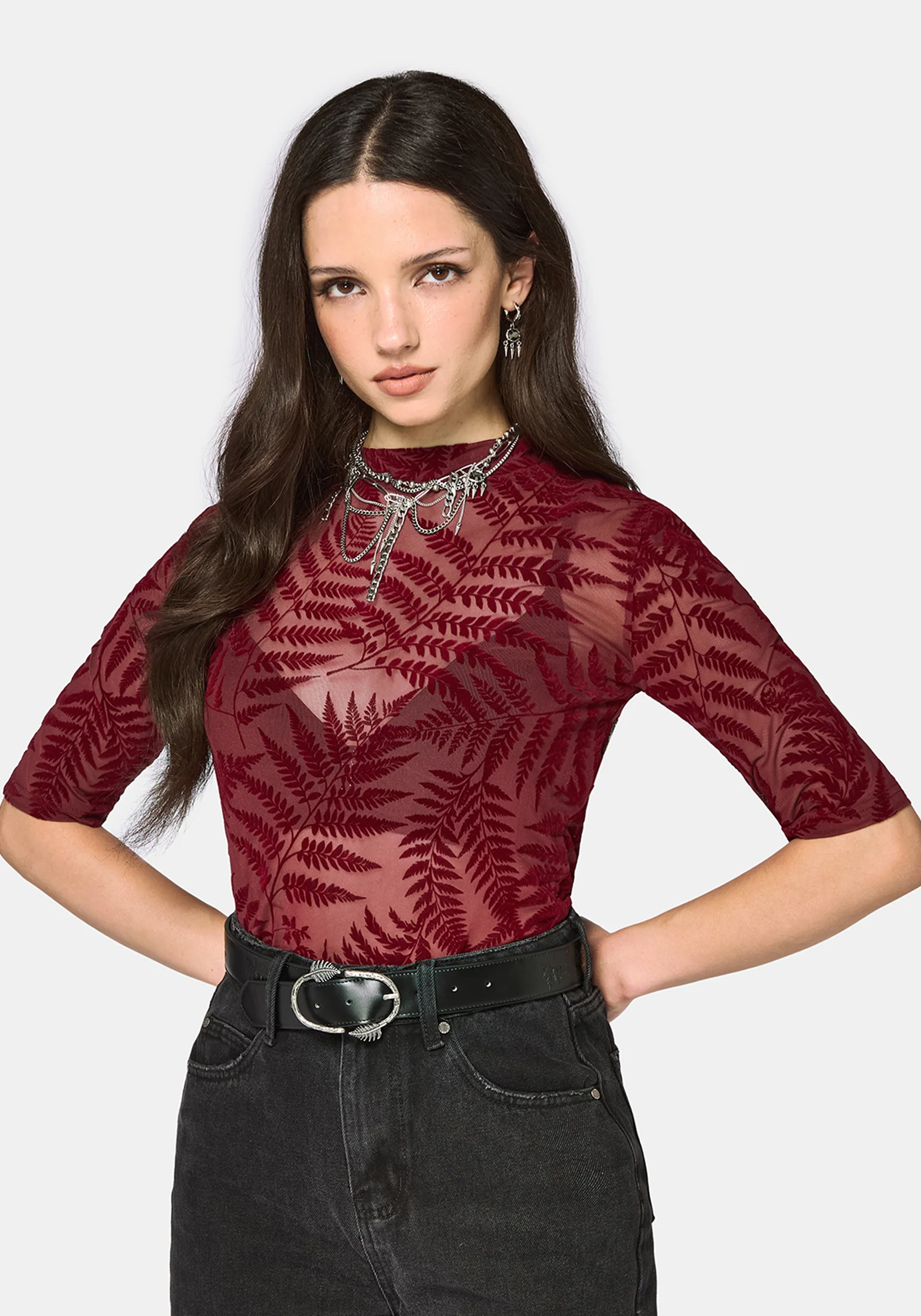 Lunafern Flocked Fern Short Sleeve Mesh Top - Burgundy - Image 5