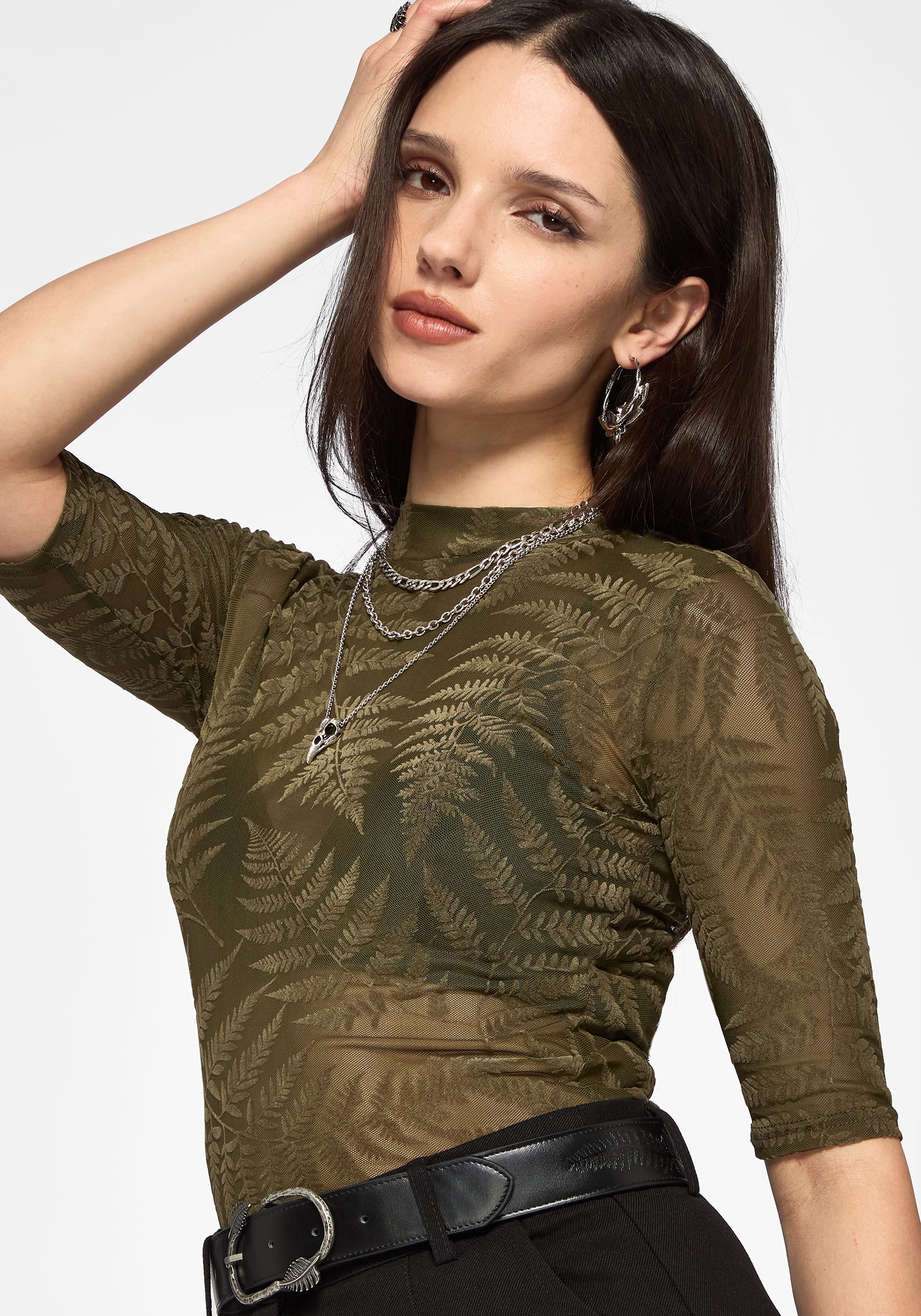 Lunafern Flocked Fern Short Sleeve Mesh Top - Green - Image 2