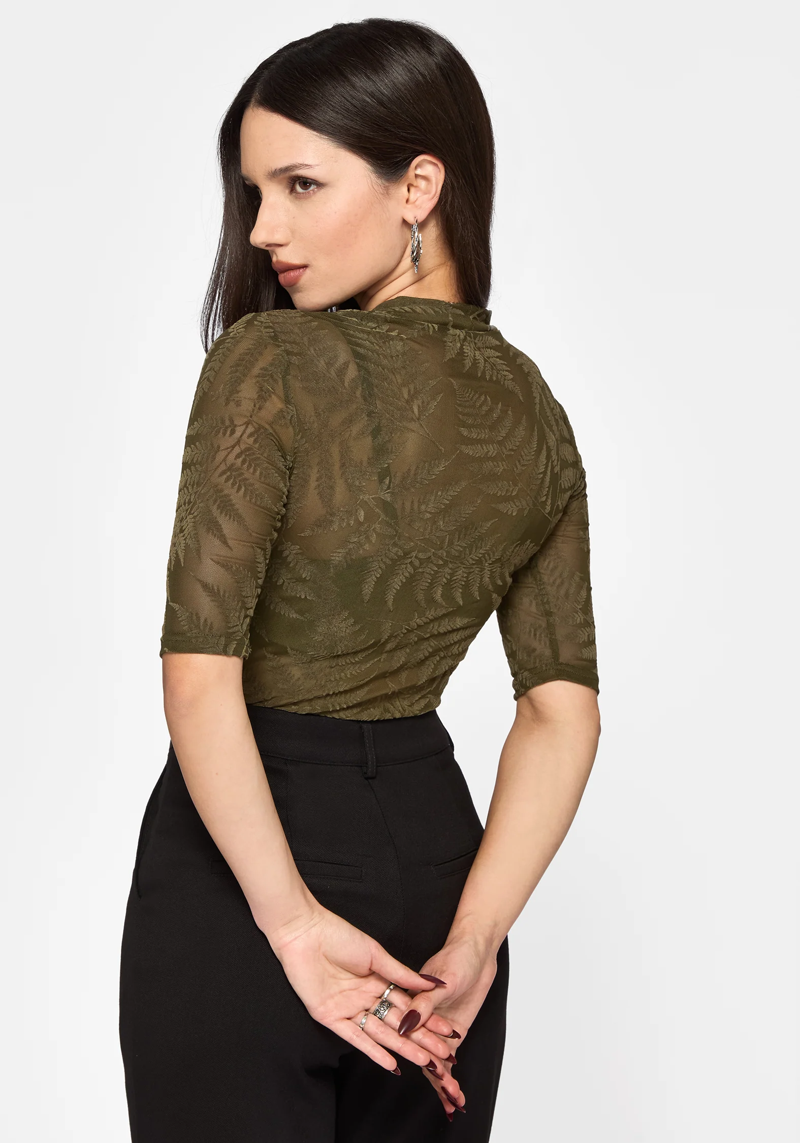 Lunafern Flocked Fern Short Sleeve Mesh Top - Green - Image 3
