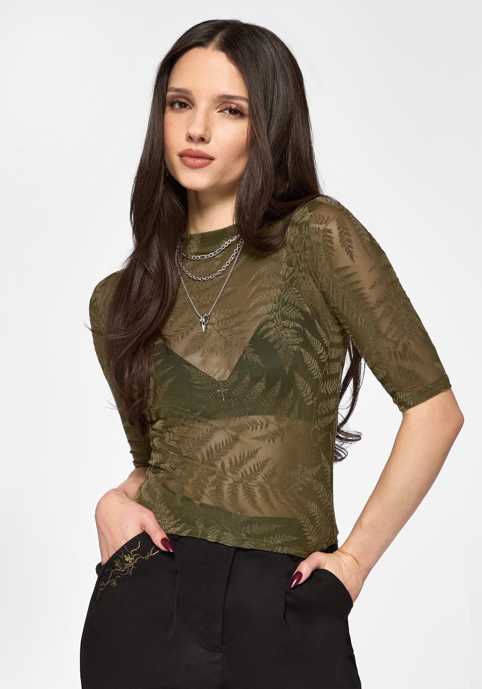 Lunafern Flocked Fern Short Sleeve Mesh Top - Green - Image 4