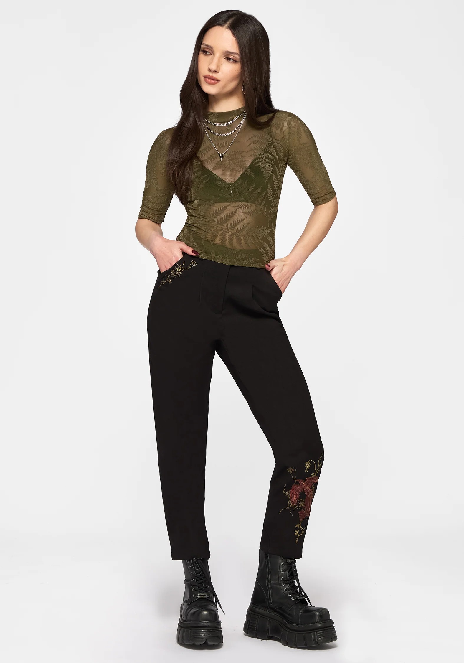 Lunafern Flocked Fern Short Sleeve Mesh Top - Green - Image 5