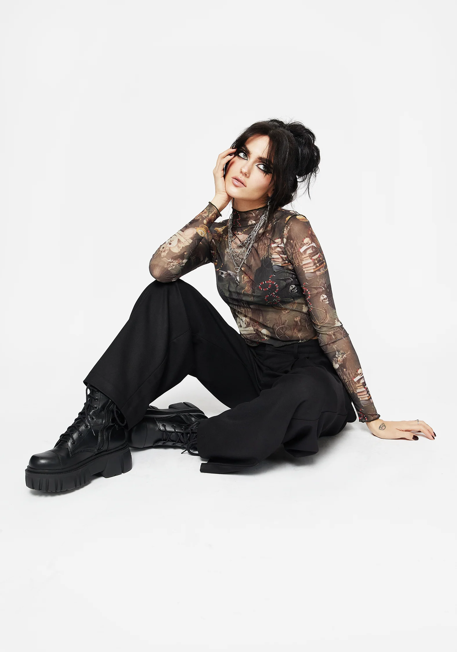 Maleficium Printed Mesh Roll Neck Top - Image 6