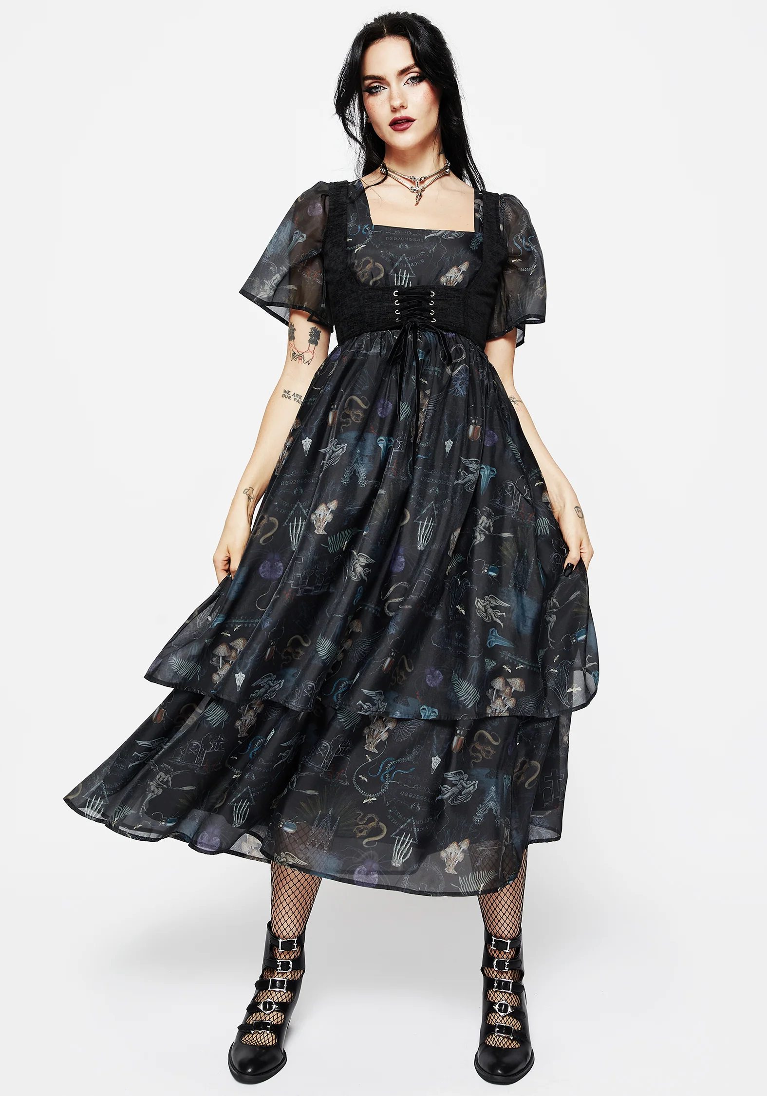 Maudeline Victoriana Print Layered Organza Midaxi Dress