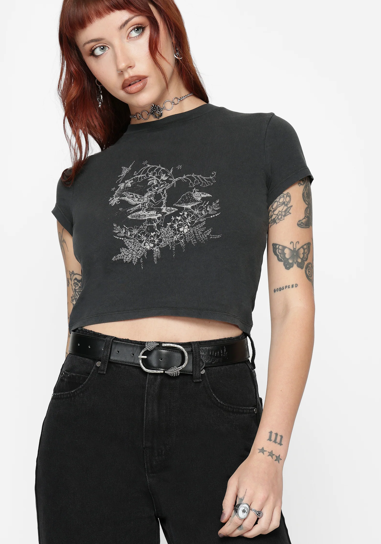 Maypole Fairy Print Crop T-Shirt - Black - Image 4
