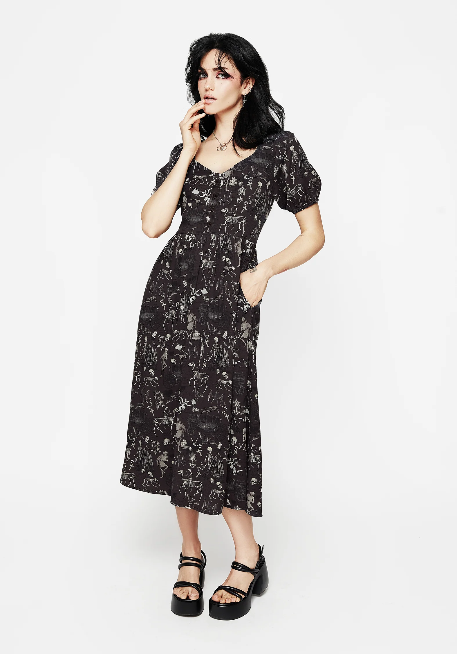 Melancholia Button Detail Puff Sleeve Midi Dress - Image 4