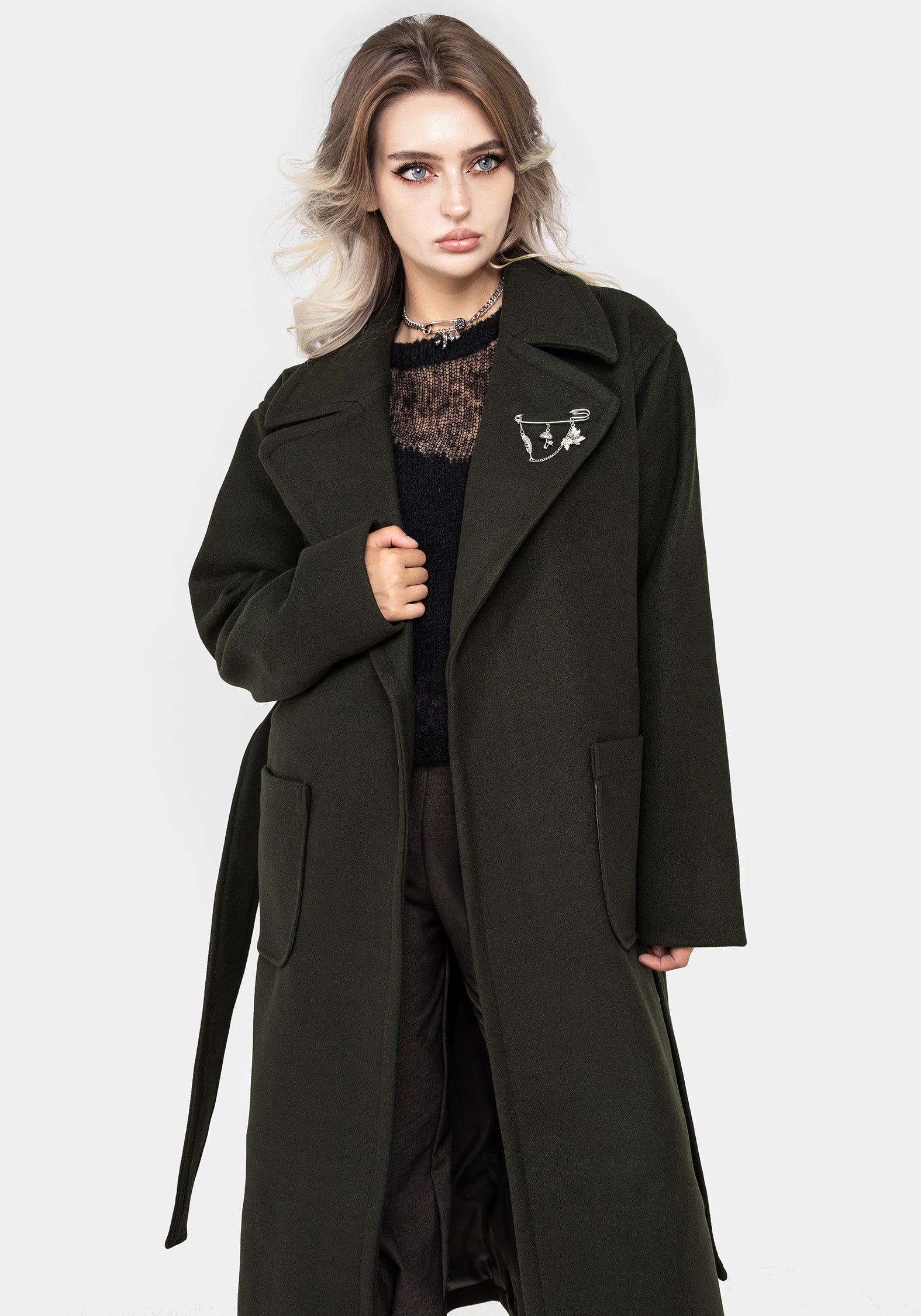 Meltdown Oversized Coat with Brooch - Green - Image 8