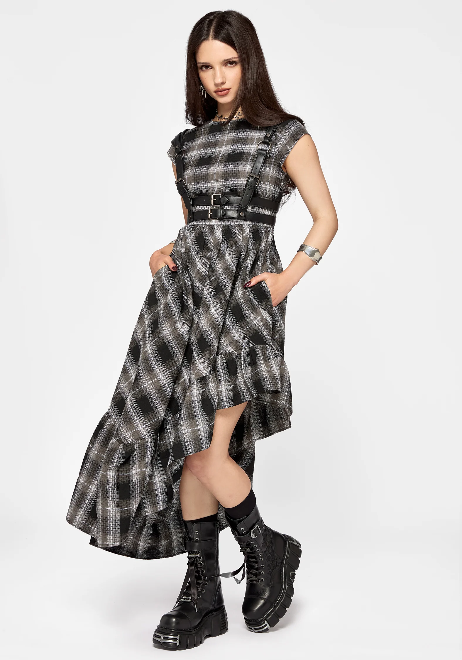 Noemi Check Asymmetric Ruffle Maxi Dress