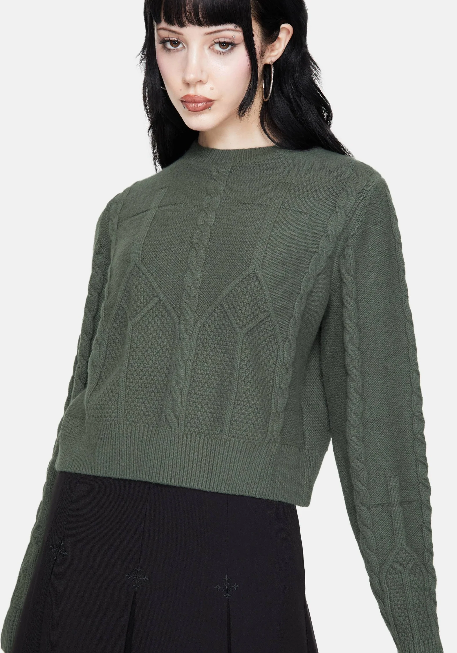 Noir Cotton Gothic Arch Cropped Cable Knit Jumper