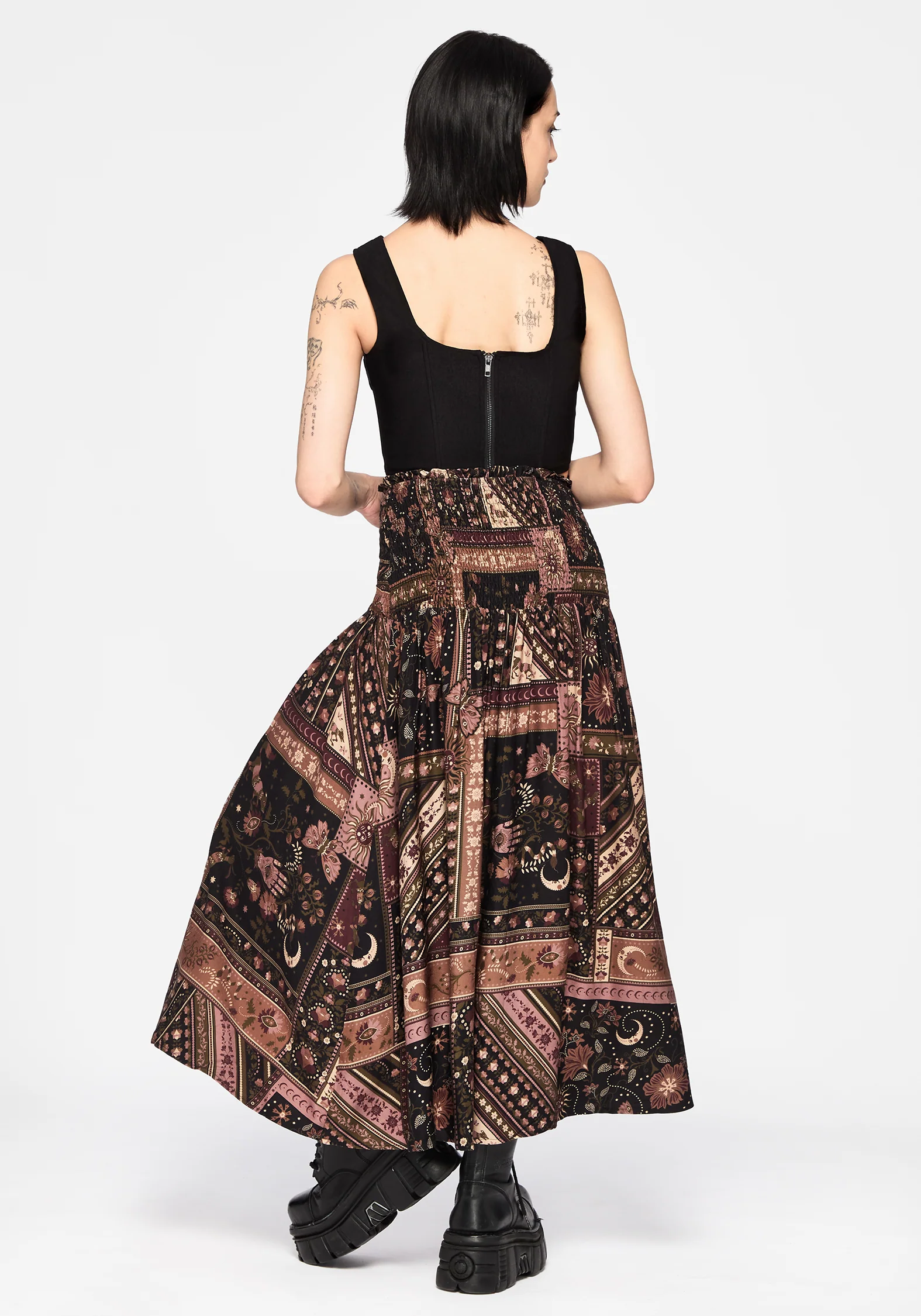 Nola Folk Patchwork Print Shirred Midi Skirt - Image 3