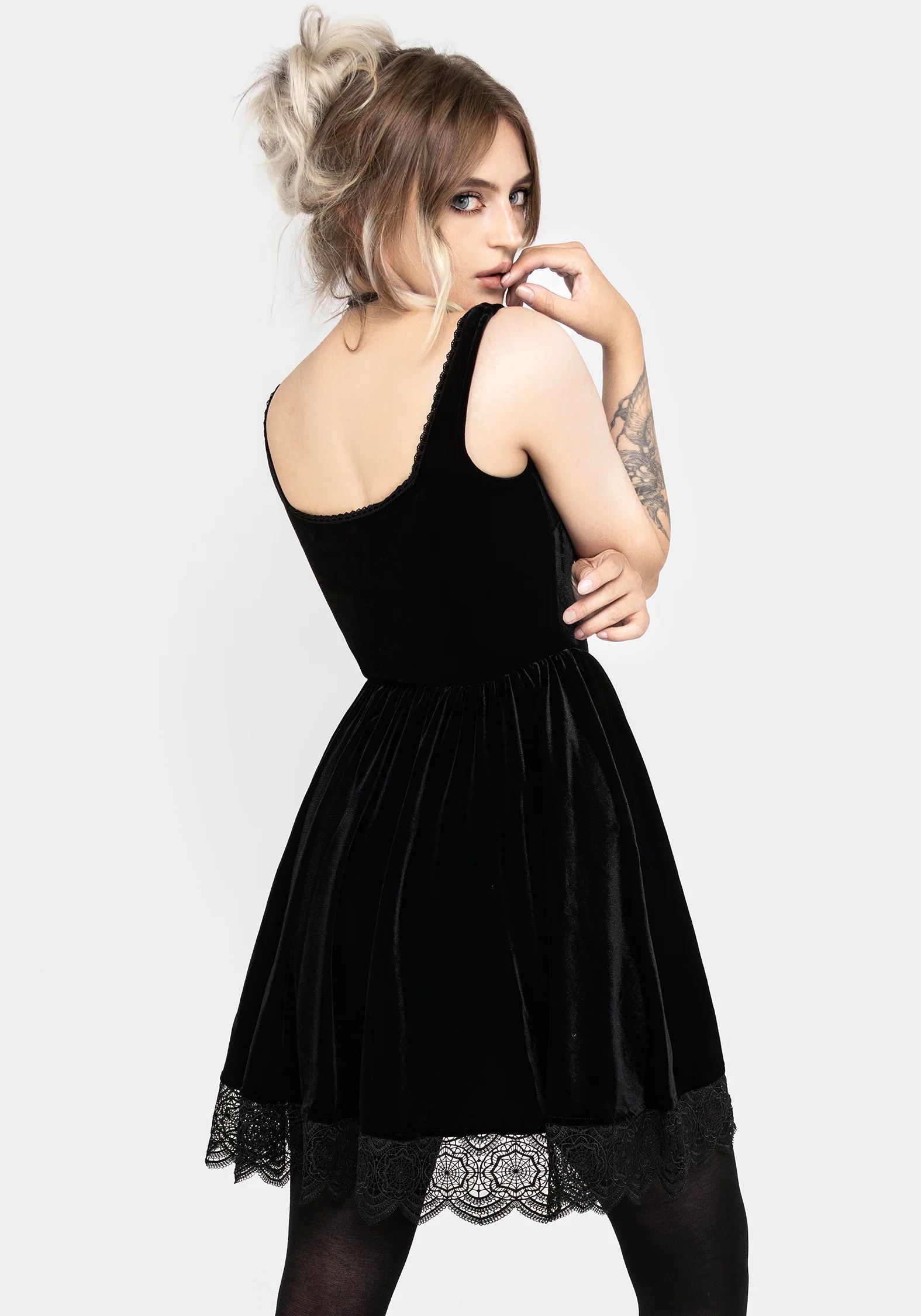 Orbweb Lace Hem Velour Mini Dress - Image 3
