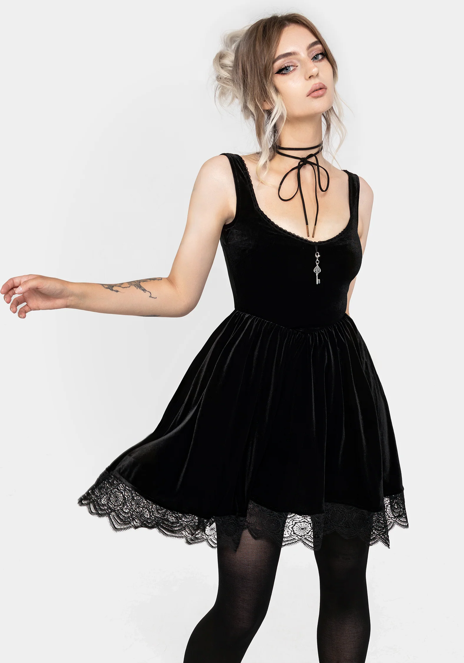 Orbweb Lace Hem Velour Mini Dress - Image 4