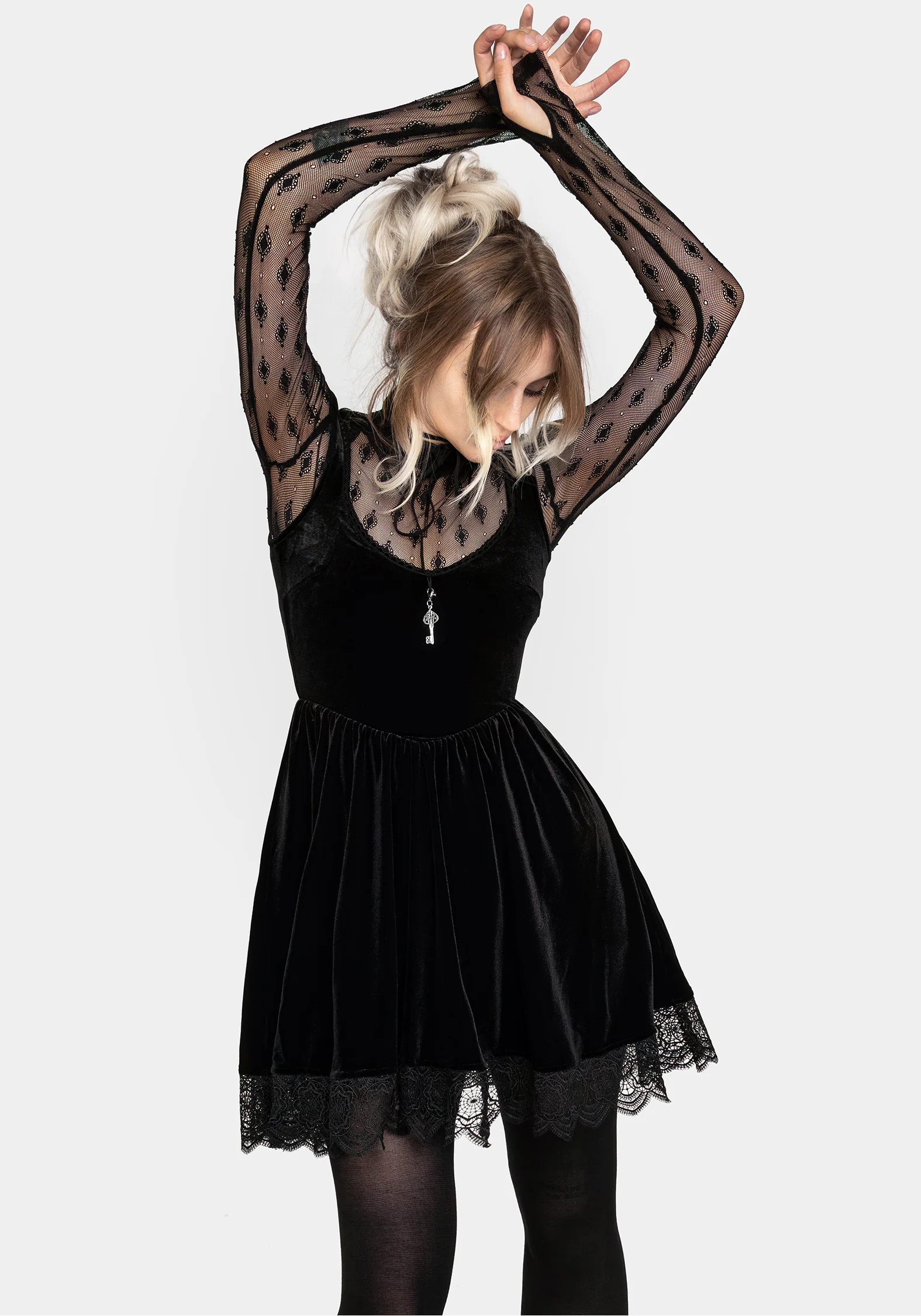 Orbweb Lace Hem Velour Mini Dress - Image 7