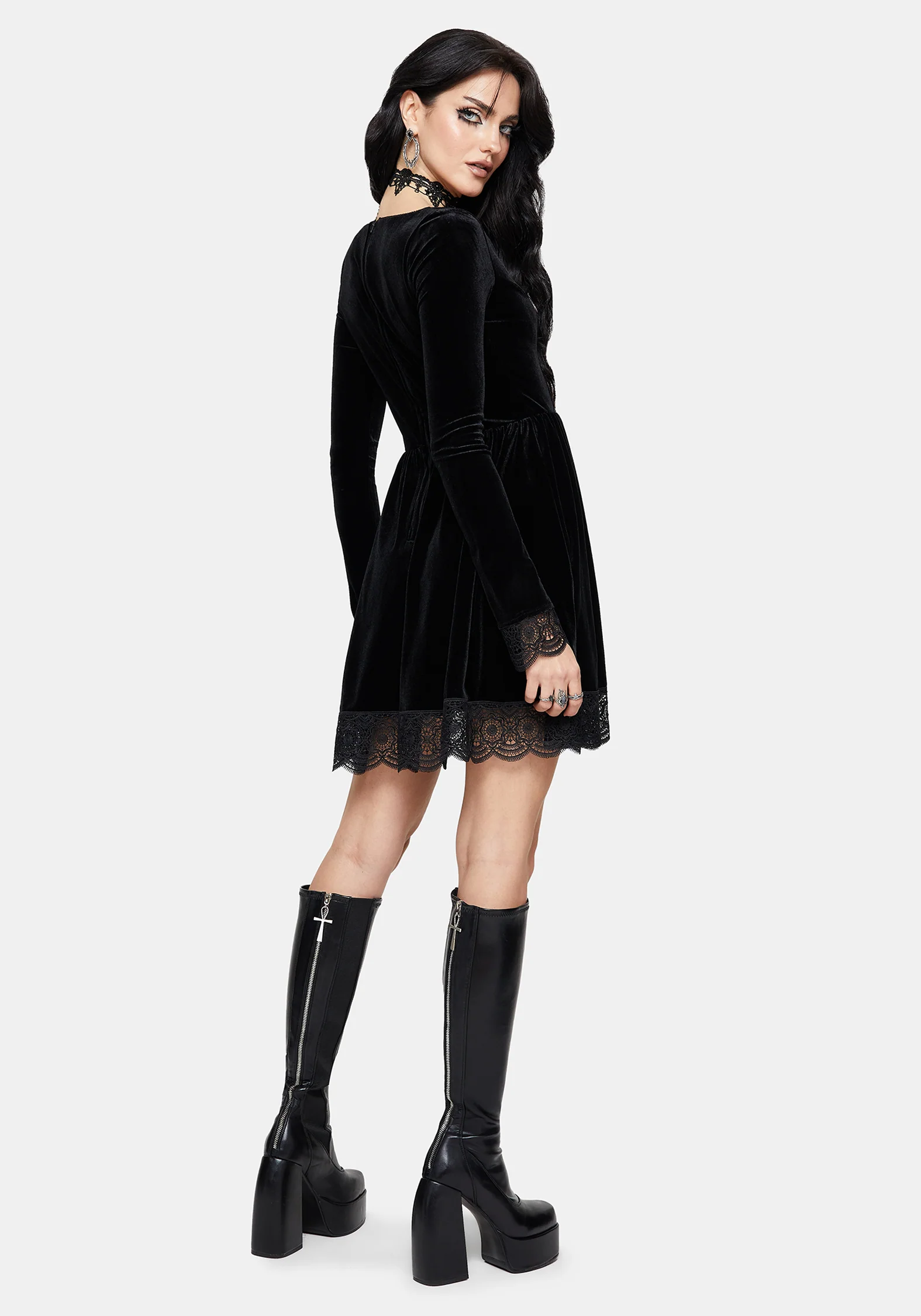 Orbweb Long Sleeve Lace Hem Velour Mini Dress - Image 3