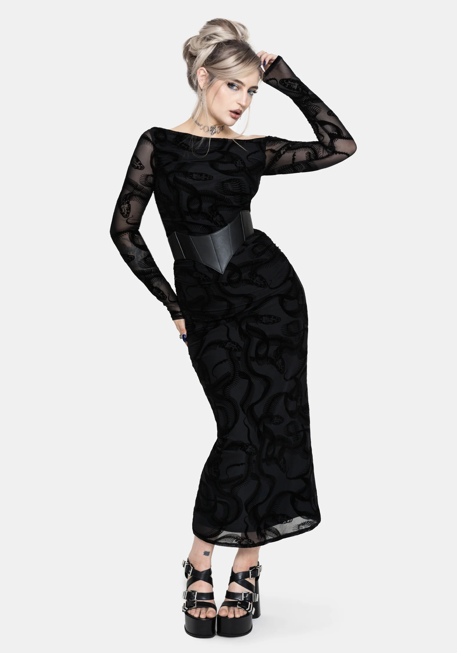Paleo Flocked Mesh Skeletal Snake Long Sleeve Midaxi Dress - Image 6