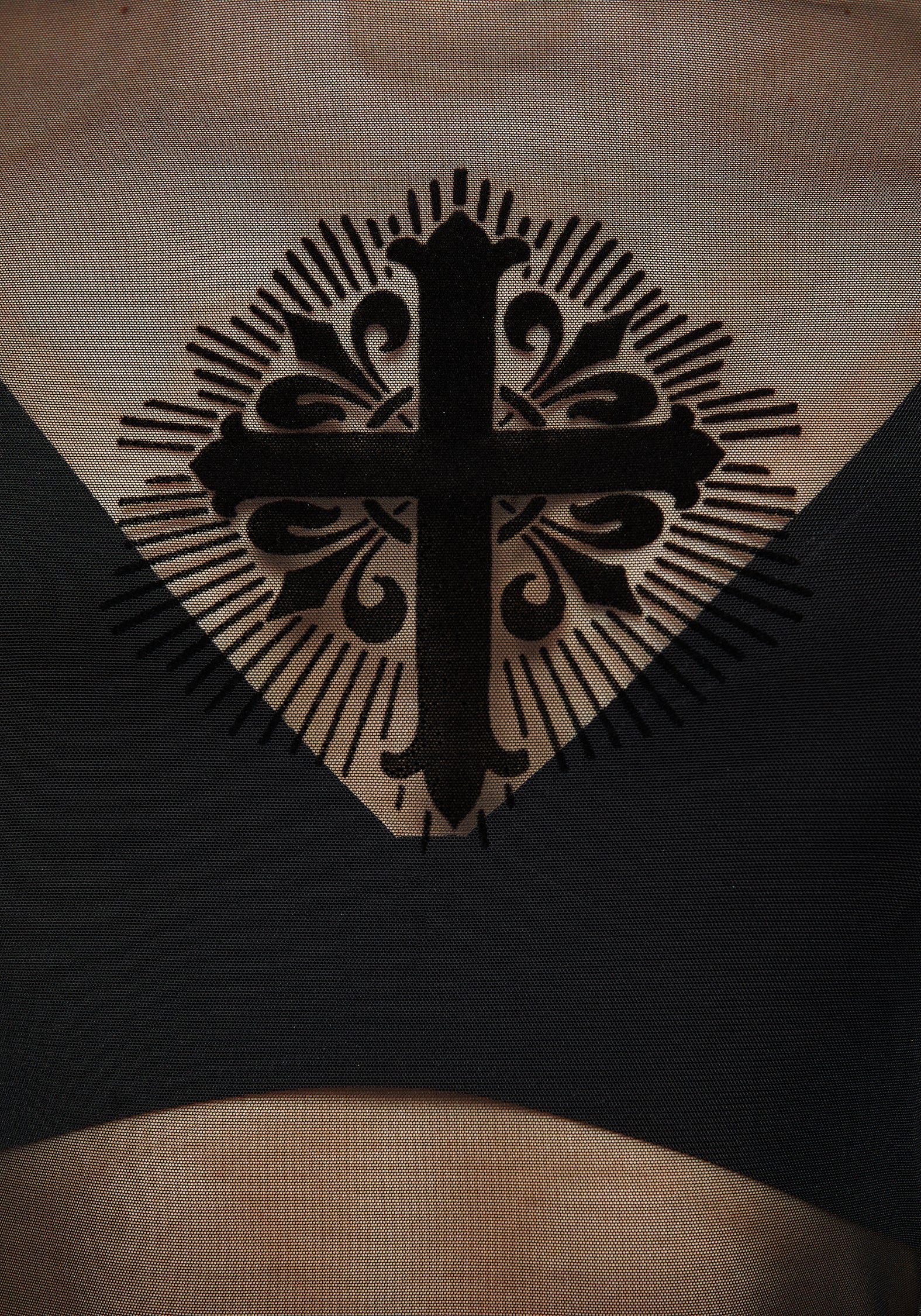 Patonce Cross Flocked Velour Long Sleeve Mesh Top - Image 2