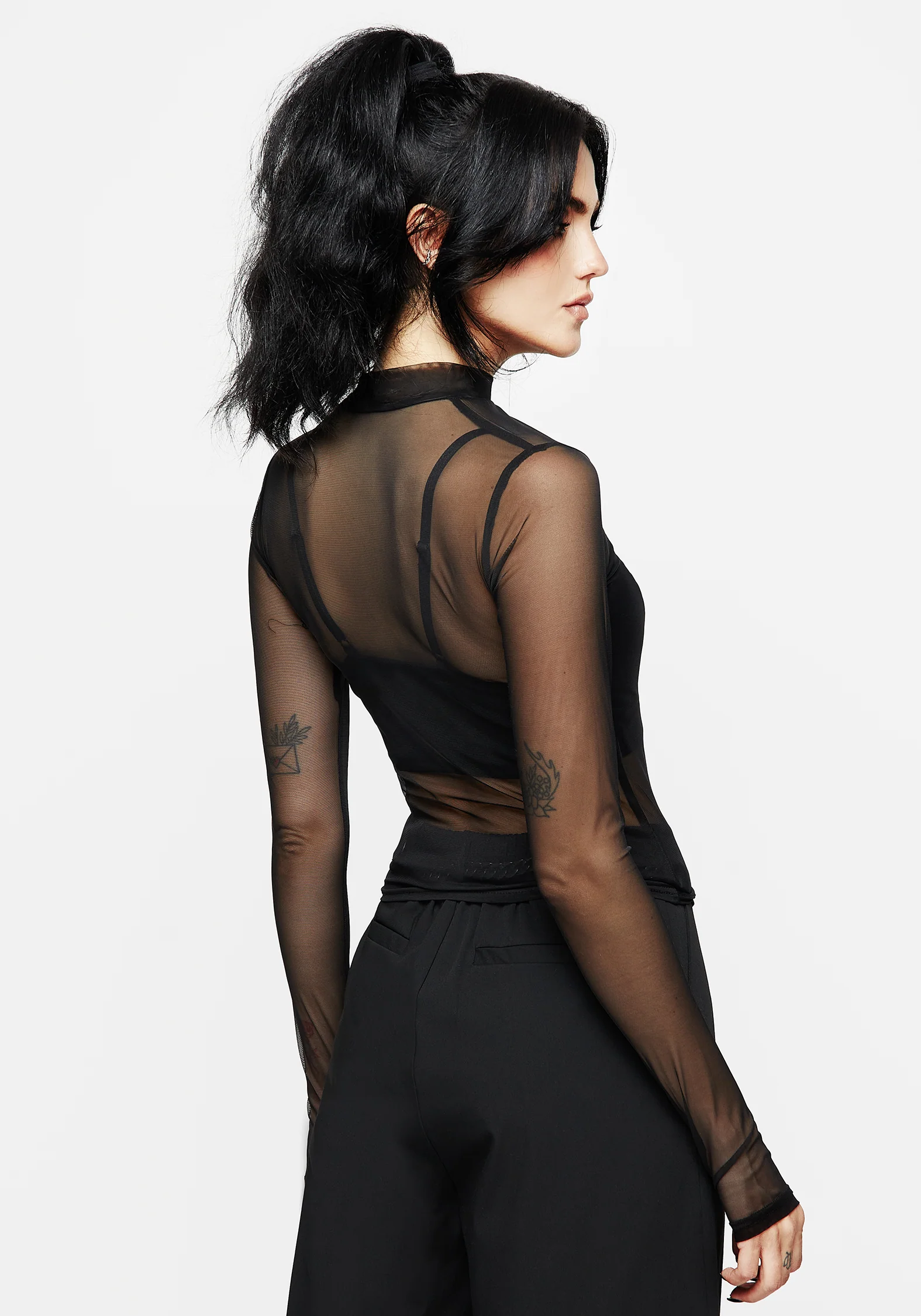 Patonce Cross Flocked Velour Long Sleeve Mesh Top - Image 3