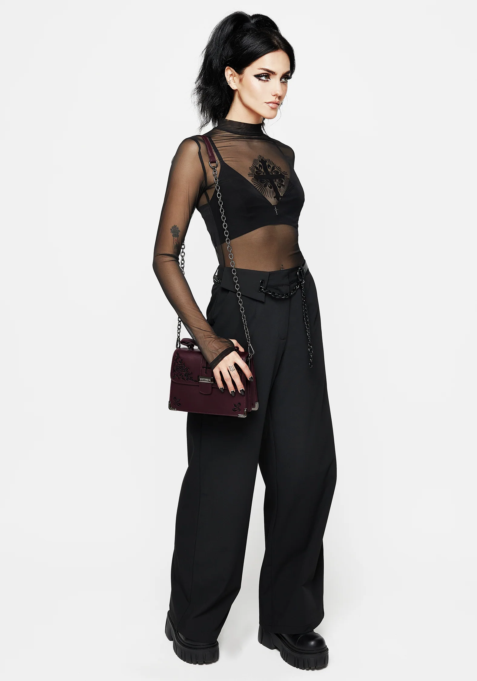 Patonce Cross Flocked Velour Long Sleeve Mesh Top - Image 4