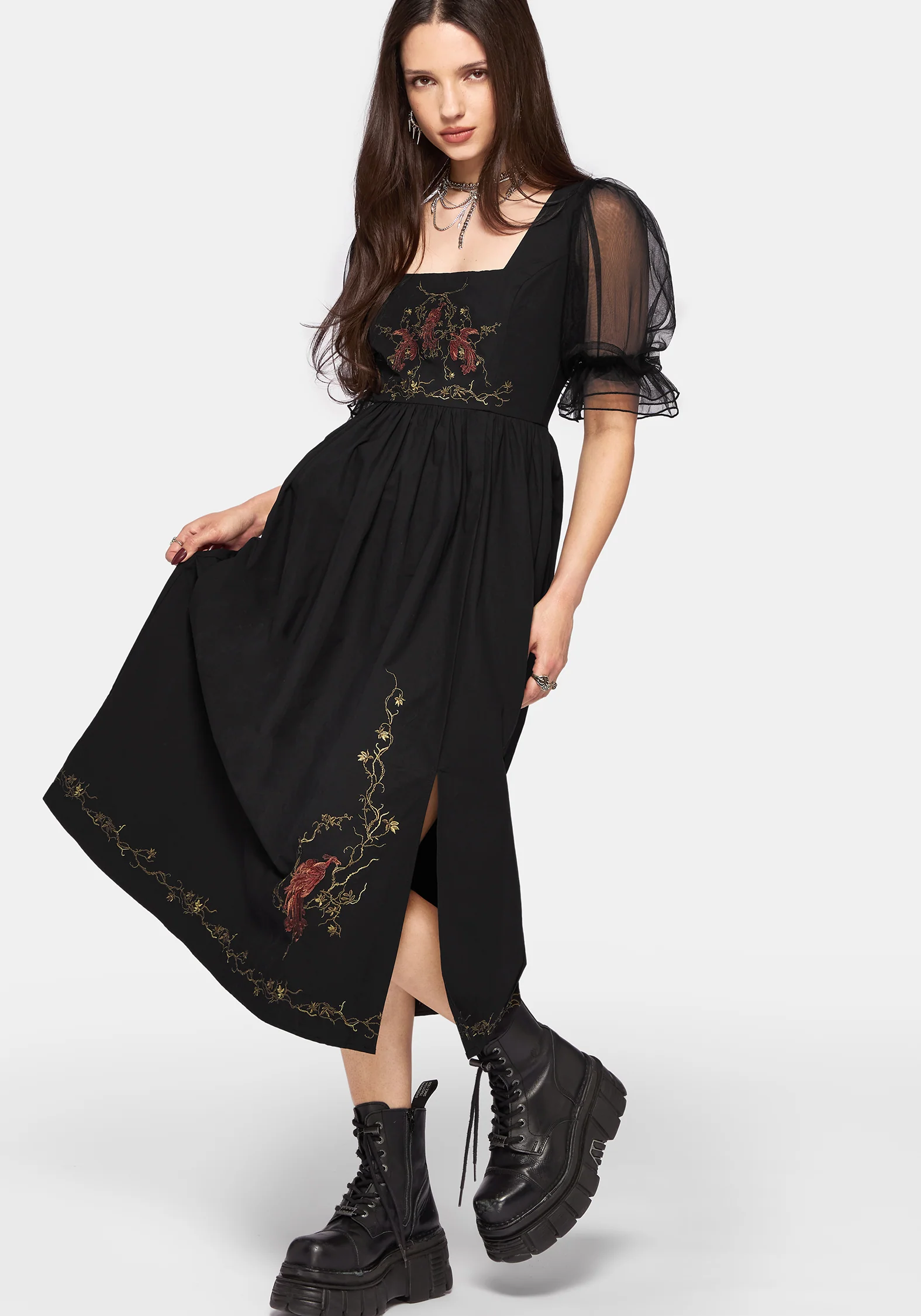 Phoenix Cotton Embroidered Puff Sleeve Midi Dress - Image 2