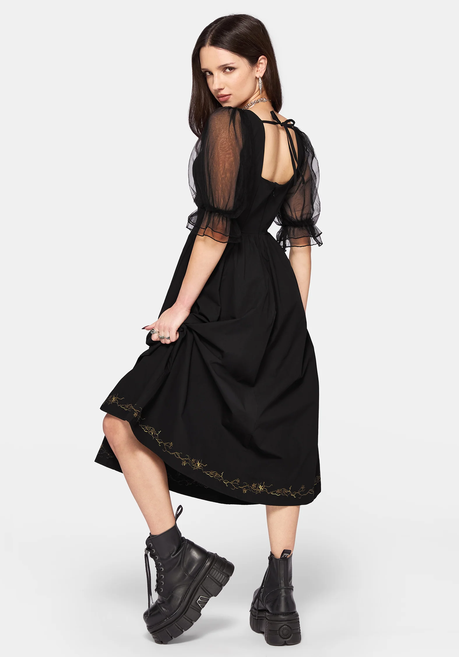 Phoenix Cotton Embroidered Puff Sleeve Midi Dress - Image 3