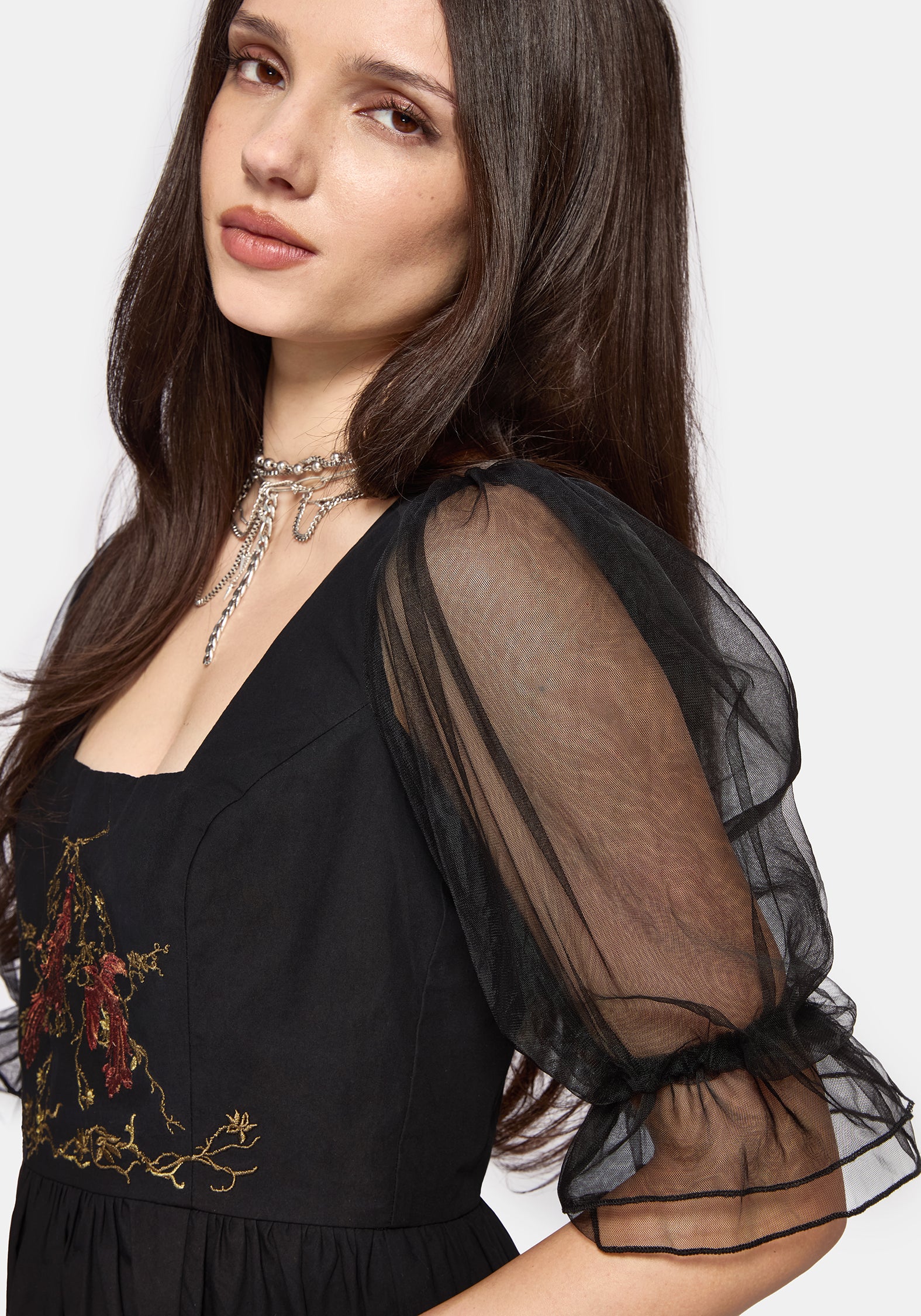 Phoenix Cotton Embroidered Puff Sleeve Midi Dress - Image 4