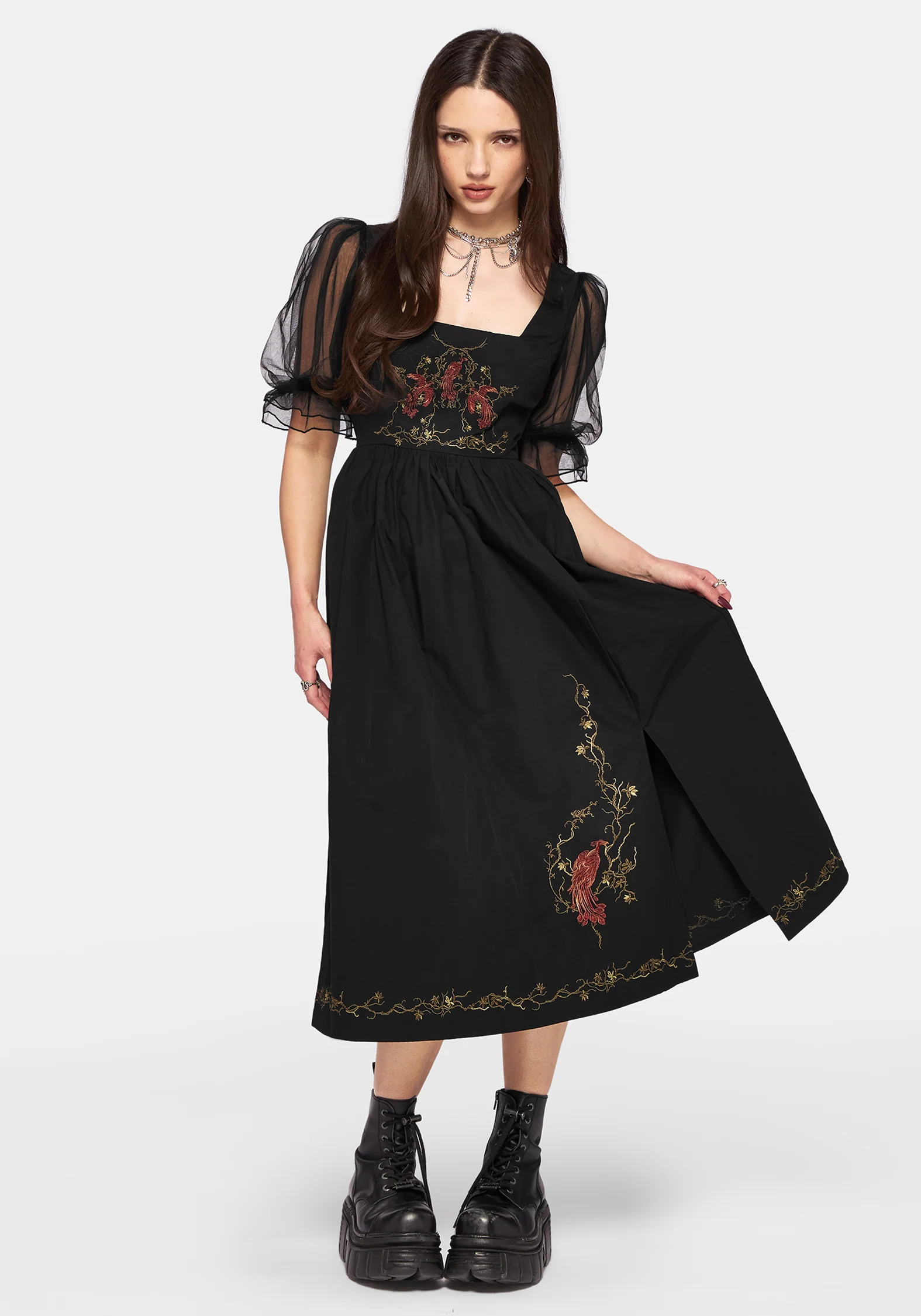 Phoenix Cotton Embroidered Puff Sleeve Midi Dress - Image 5