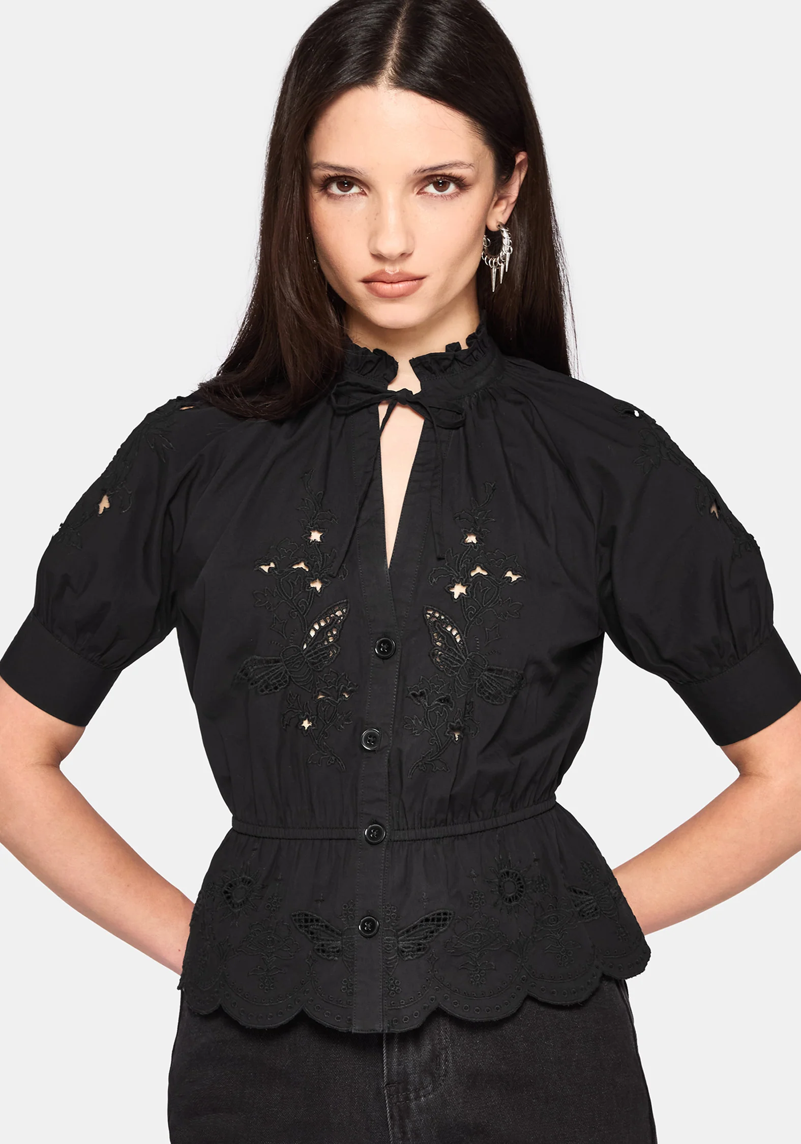 Posy Embroidered Tie Neck Blouse - Image 5