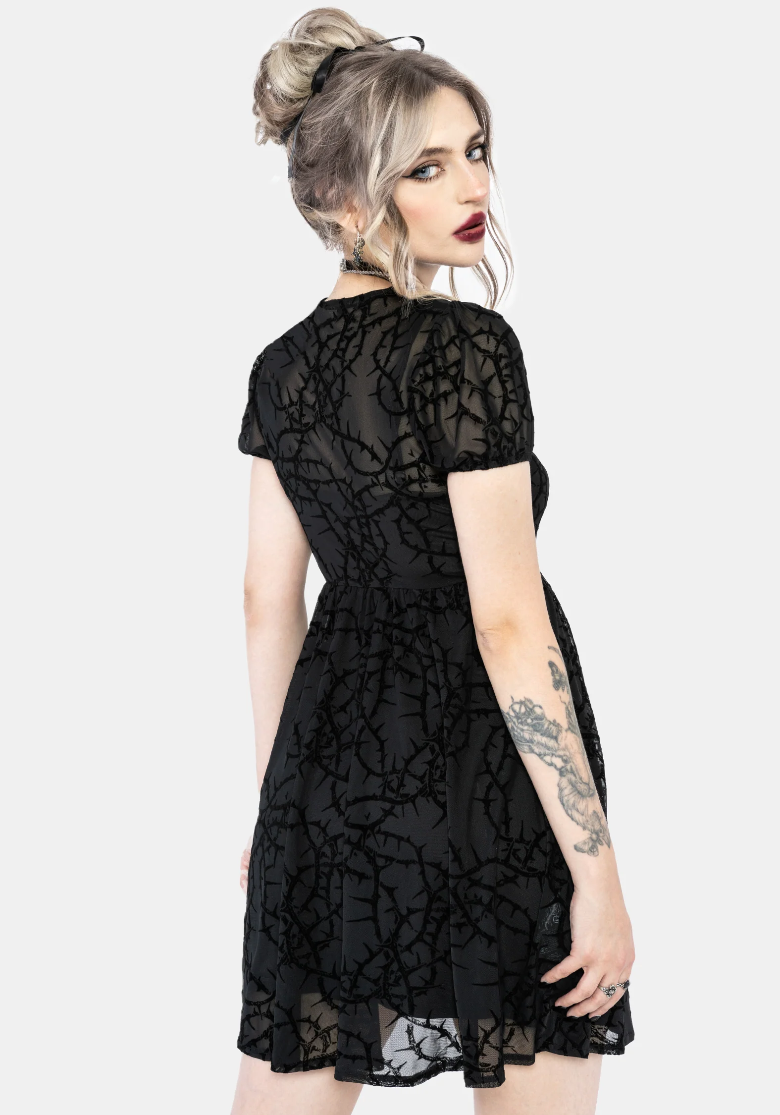 Prickle Thorn Print Mesh Puff Sleeve Mini Dress - Black - Image 3