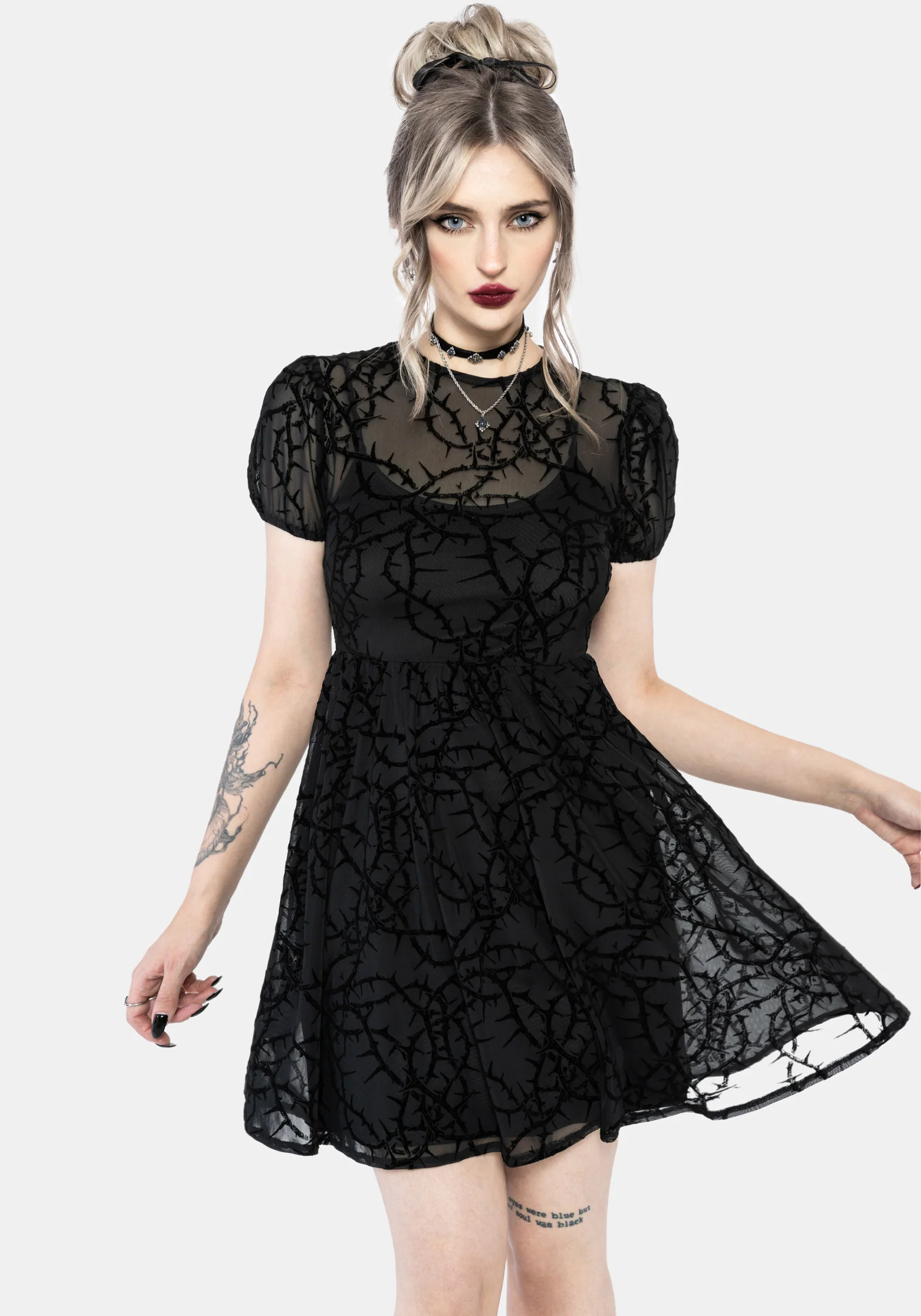 Prickle Thorn Print Mesh Puff Sleeve Mini Dress - Black - Image 5