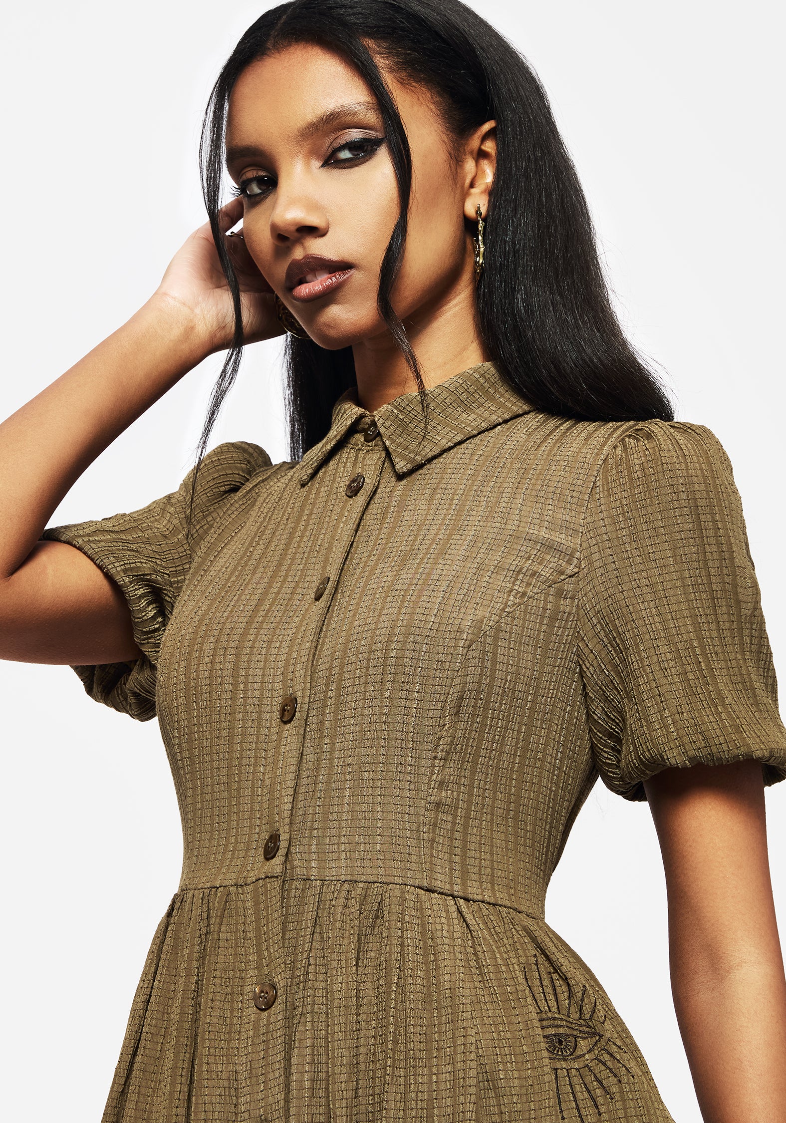 Ramaria Embroidered Puff Sleeve Button Up Midaxi Shirt Dress - Image 3