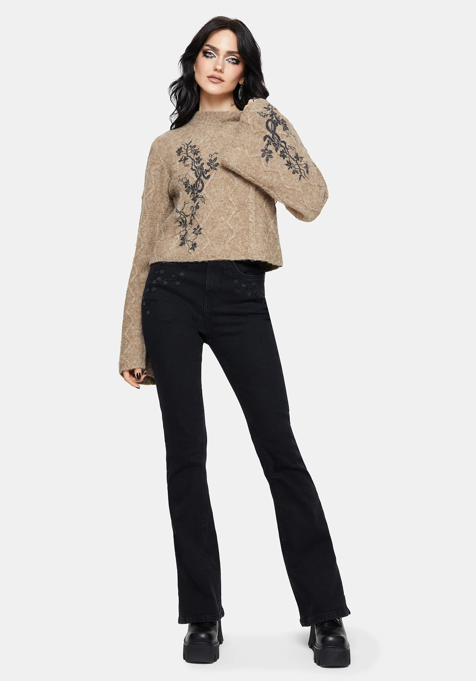 Ravelle Cotton Floral Printed Flare Cable Knit Jumper - Image 4
