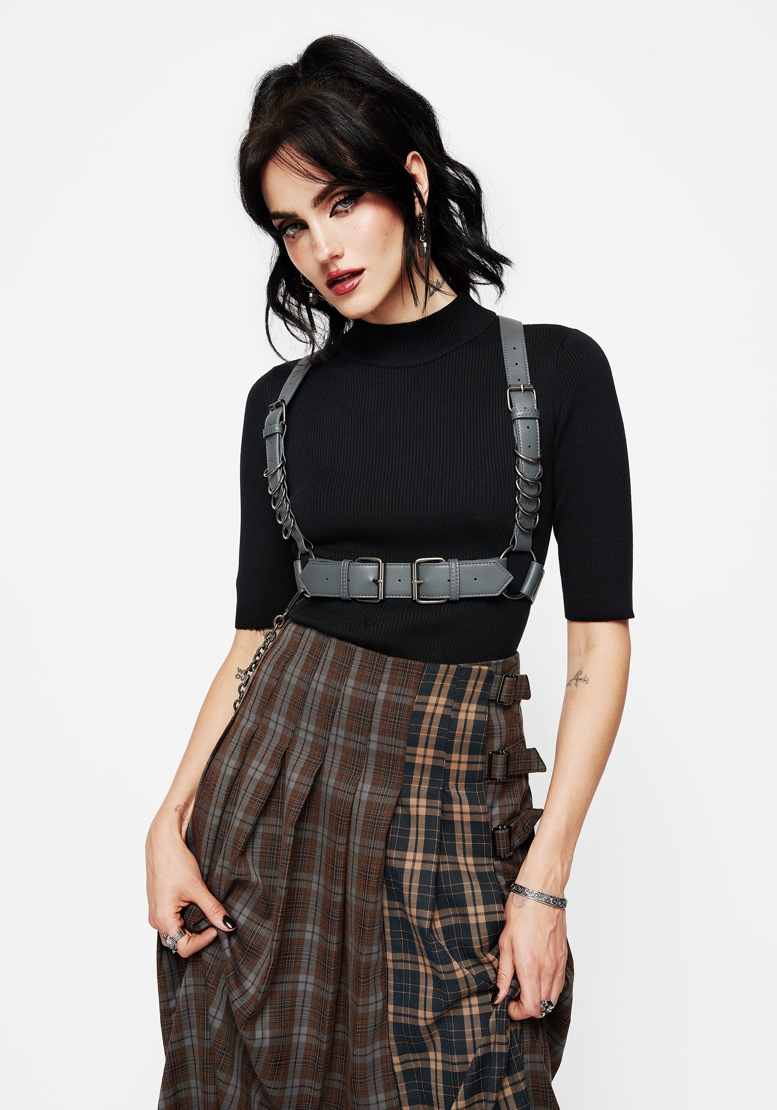 Raven Pleated Check Buckle Detail Maxi Skirt - Image 6