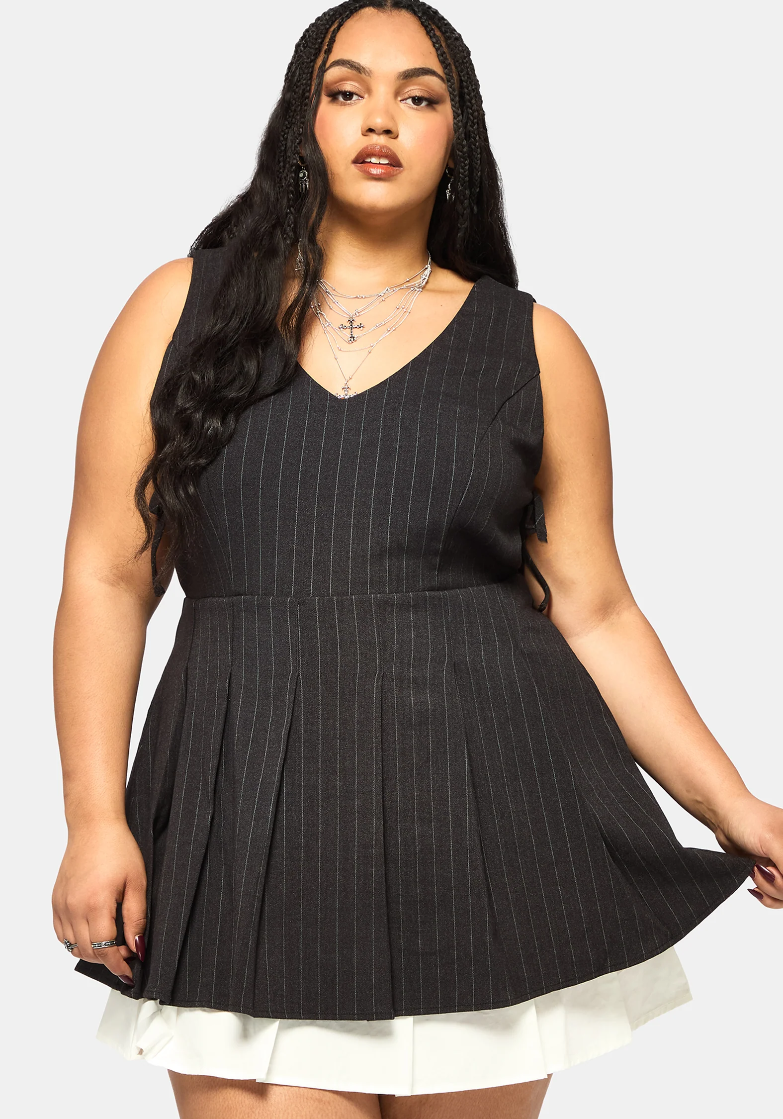 Sabrina Striped Pleated Tie Side Pinafore Dress - Image 9