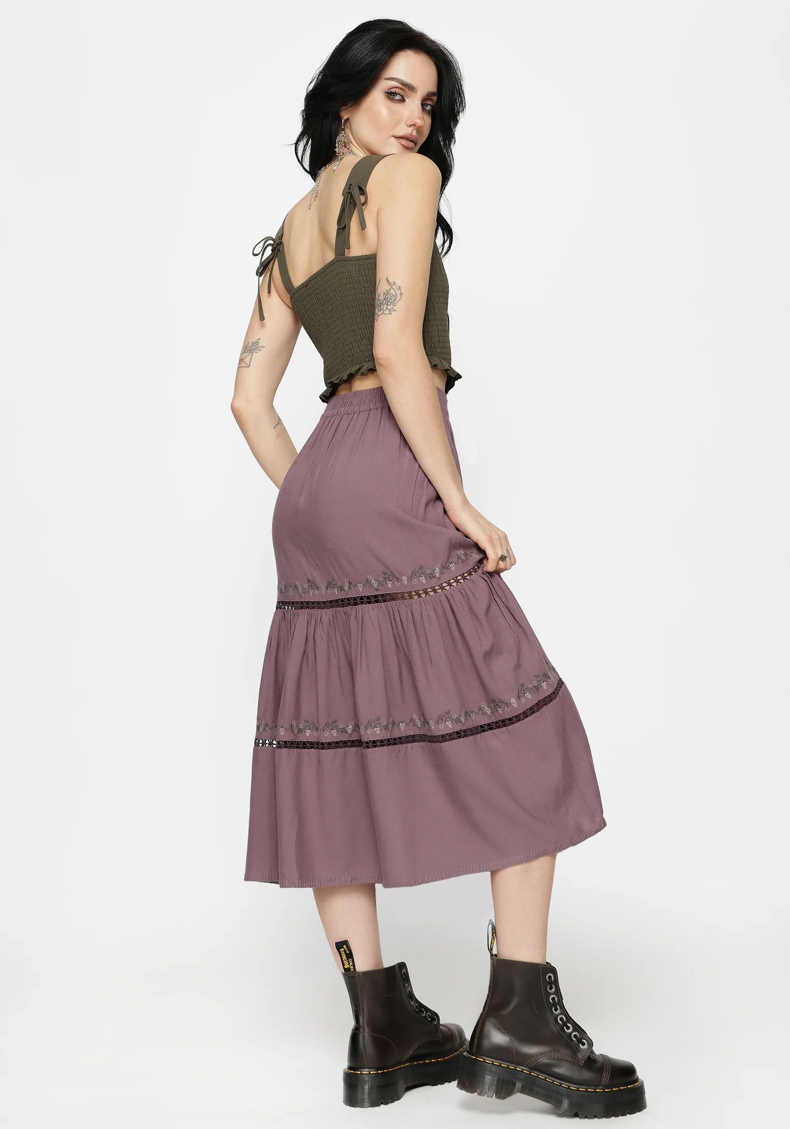 Solis Skull Embroidered Linen Midi Skirt - Image 3