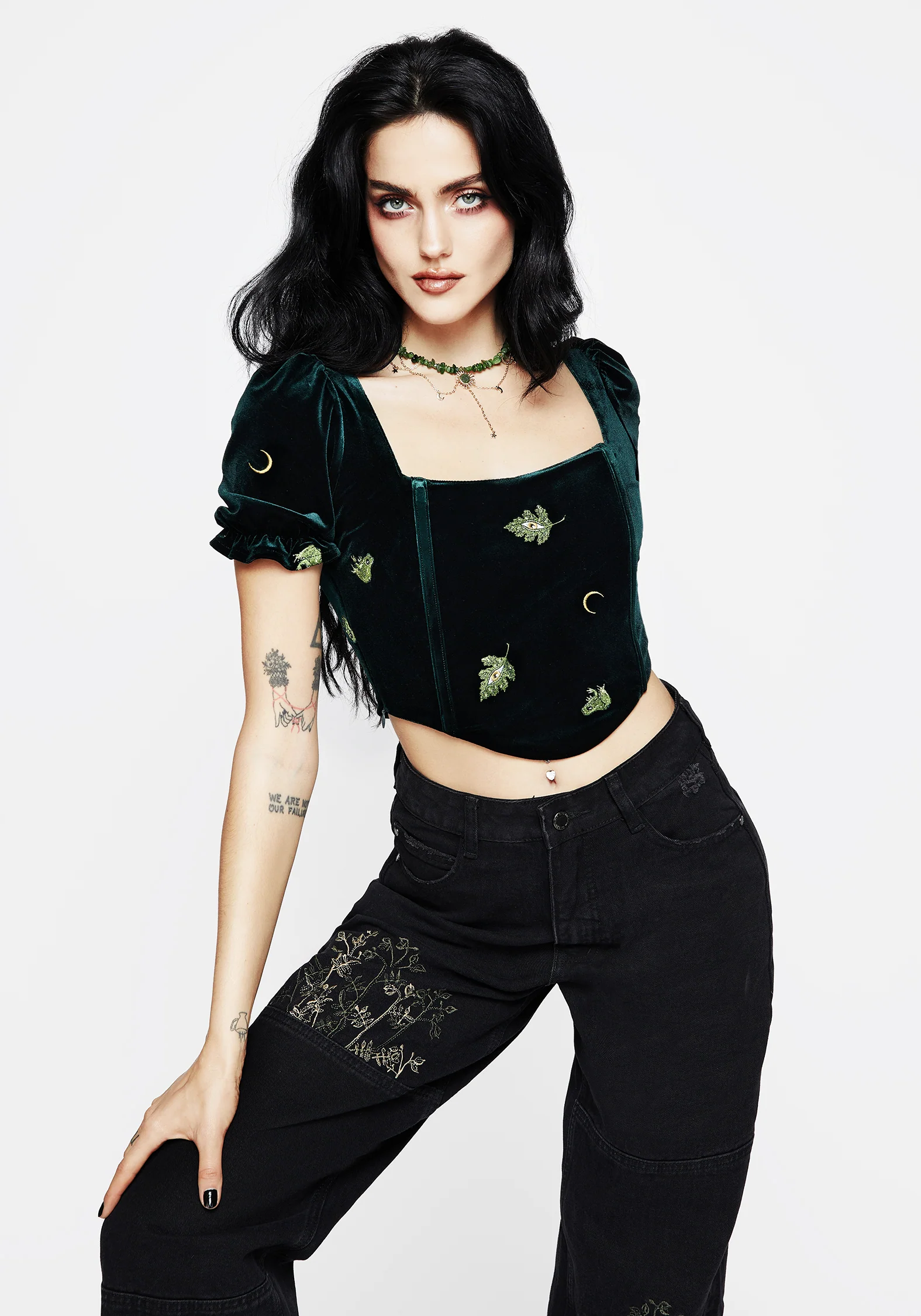 Swamplife Frog Embroidered Velour Puff Sleeve Corset Top - Image 6