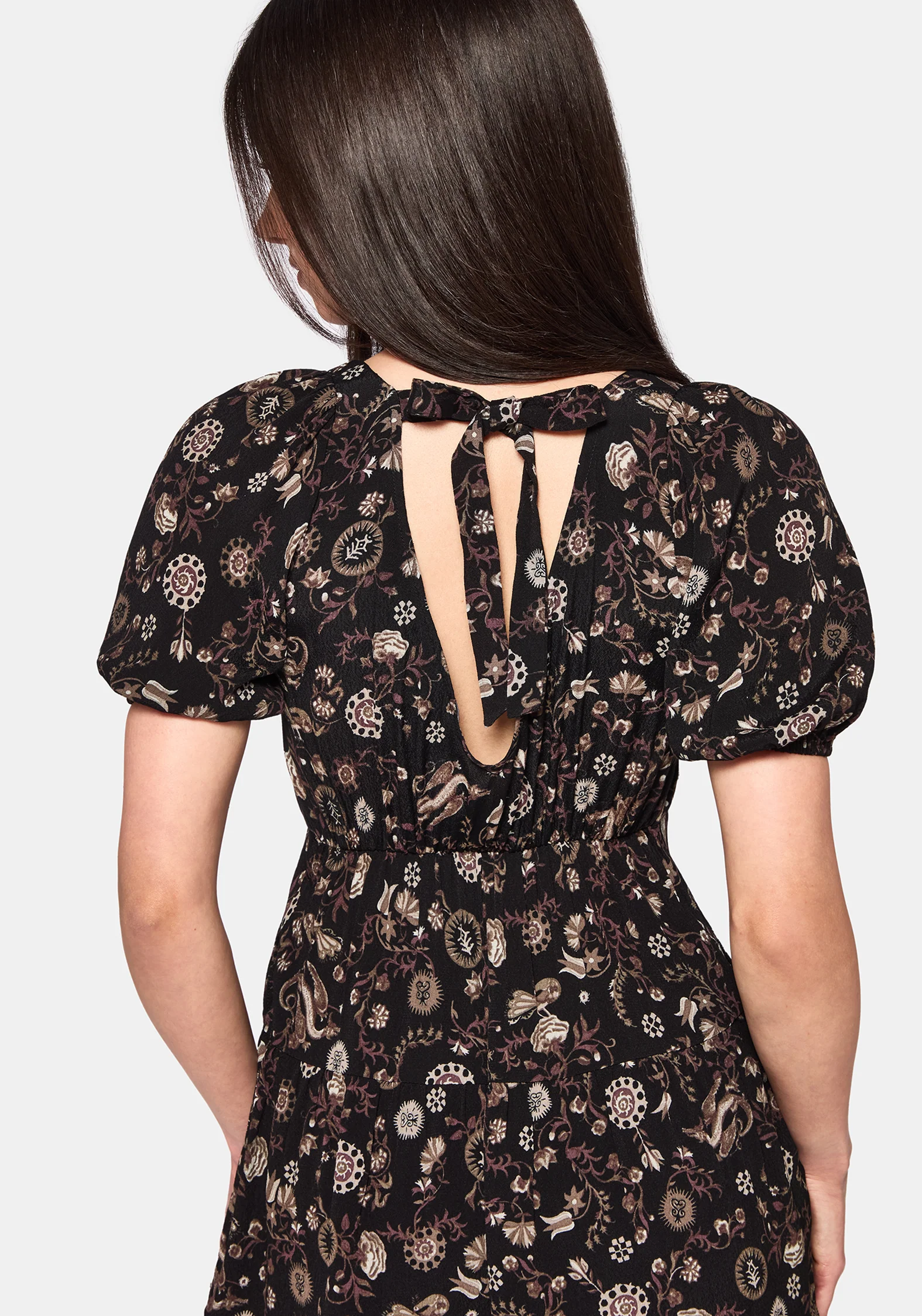 Sylra Ditsy Folk Print Tie Back Tiered Mini Dress - Image 2
