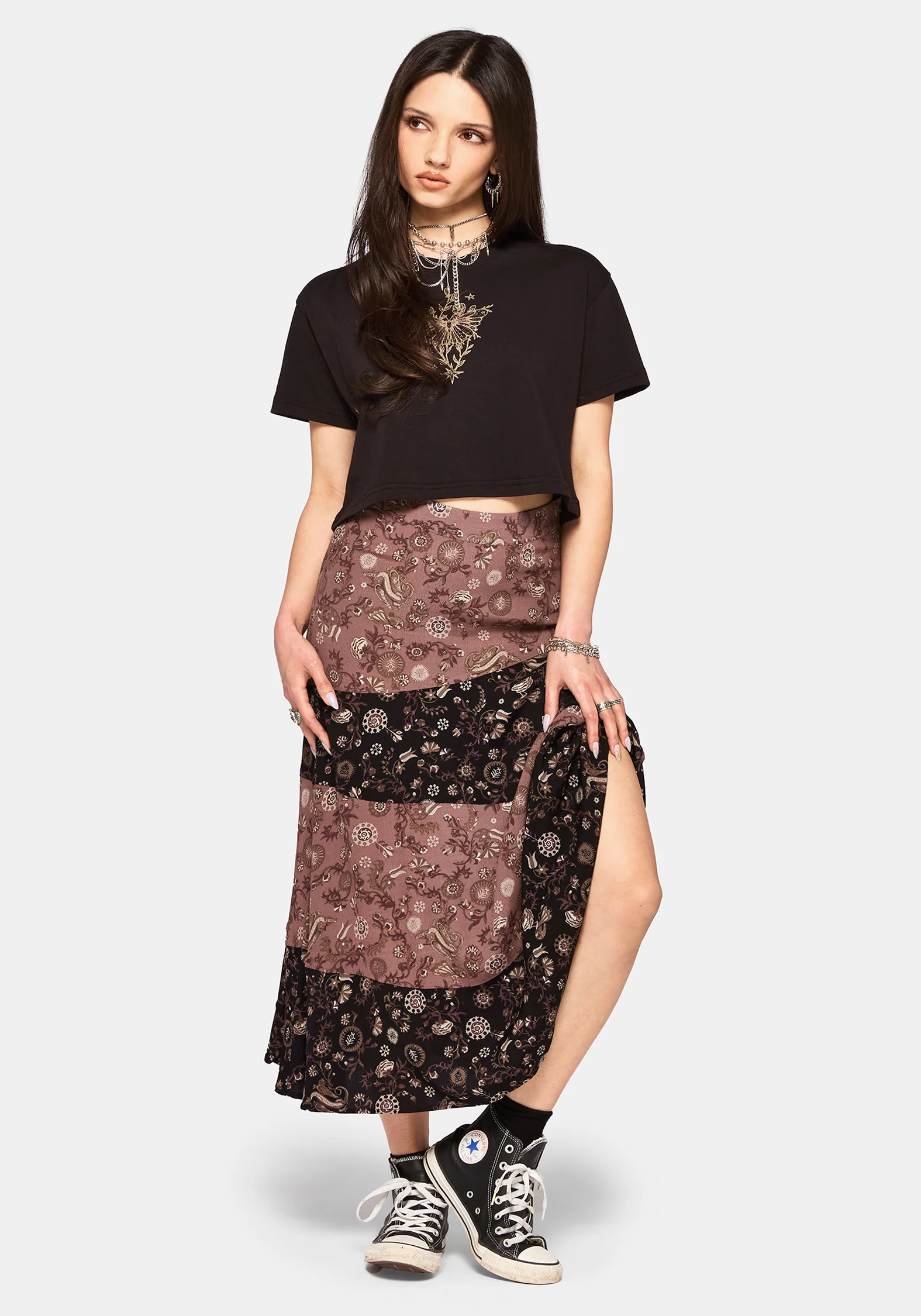 Sylra Ditsy Folk Spliced Midi Skirt - Image 2