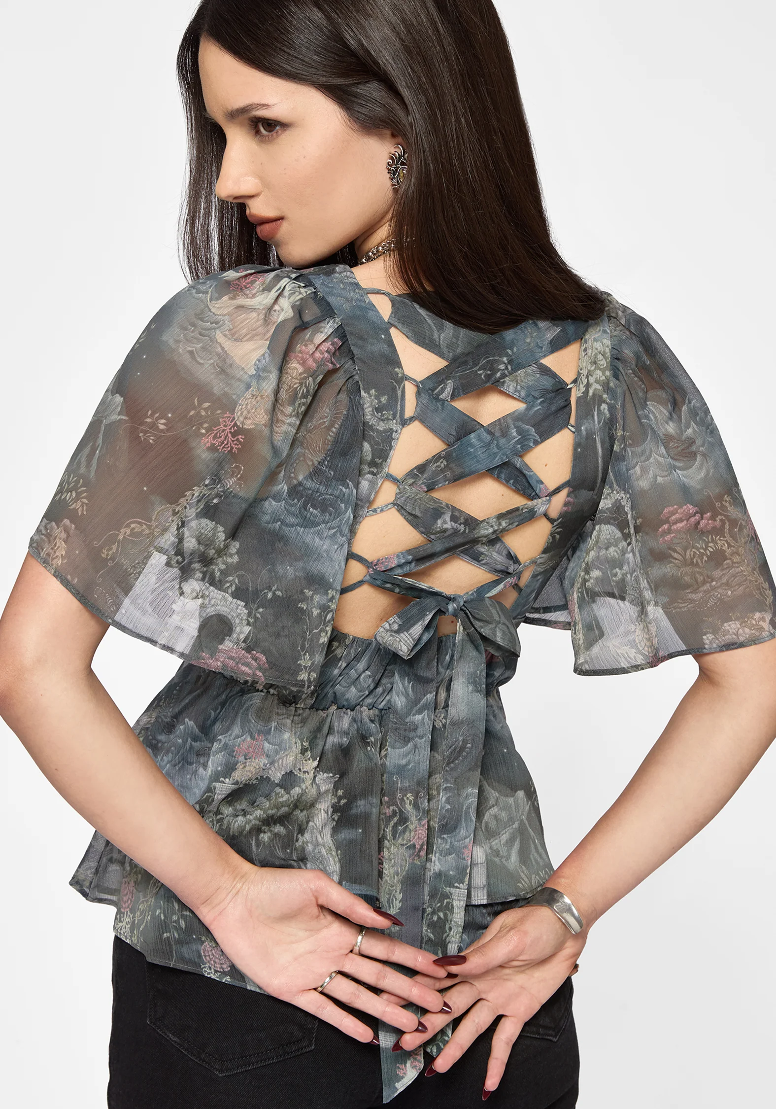 Thalassa Print Tie Back Angel Sleeve Top - Image 2