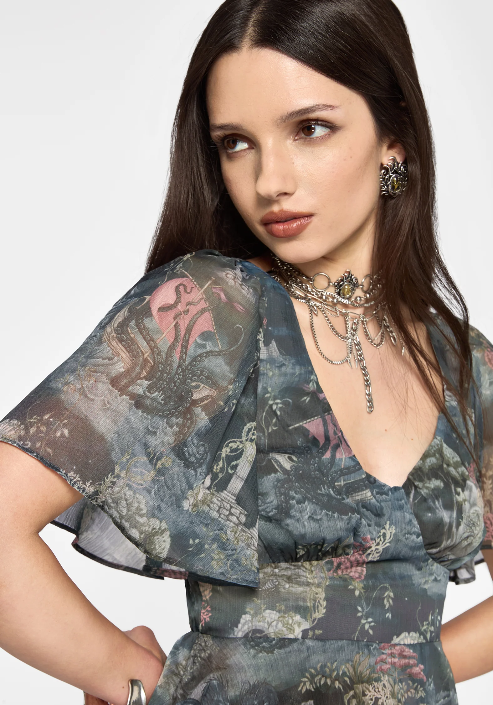 Thalassa Print Tie Back Angel Sleeve Top - Image 3