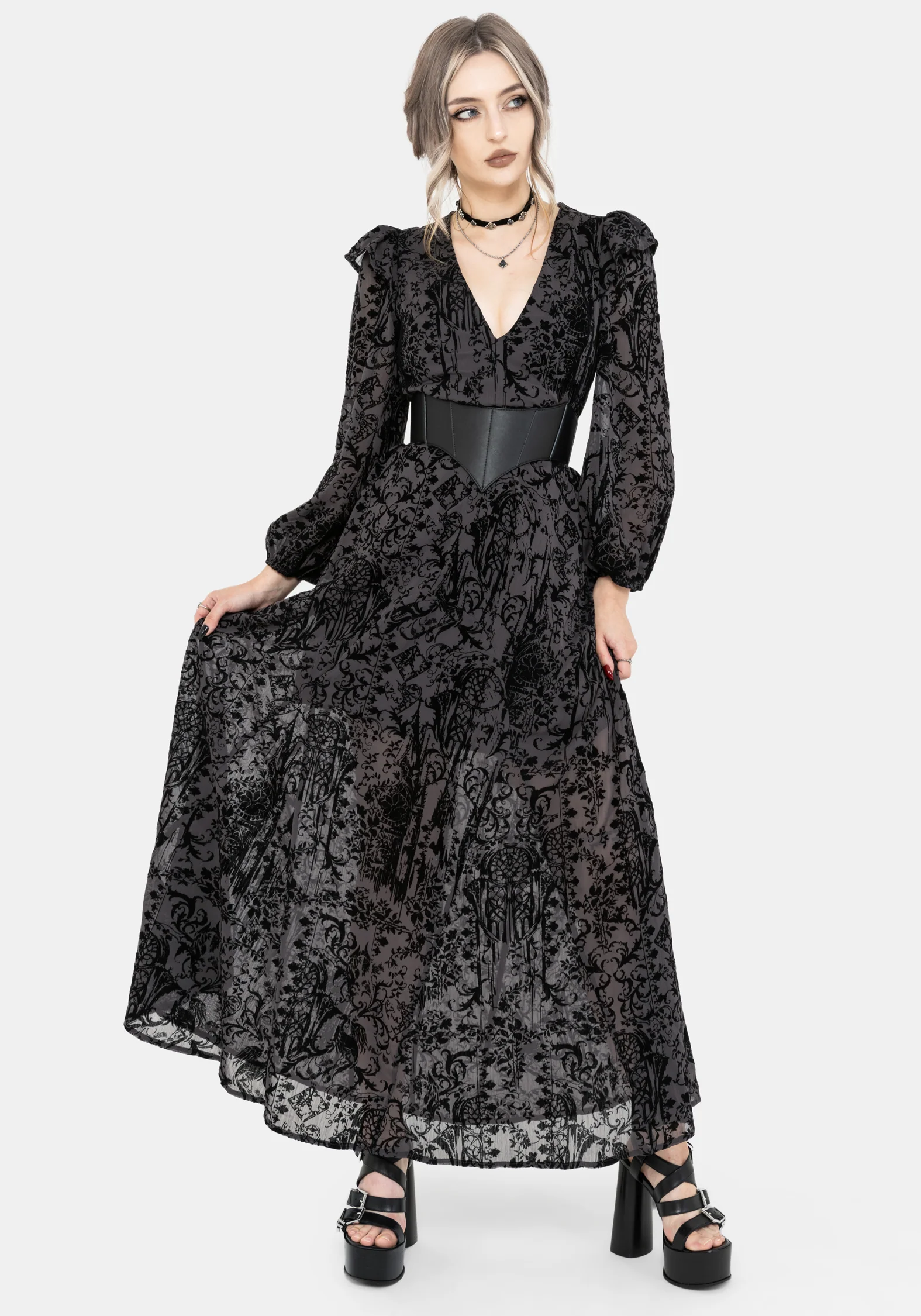Thorned Flocked Chiffon Castle Print Frill Neck Maxi Dress - Image 6