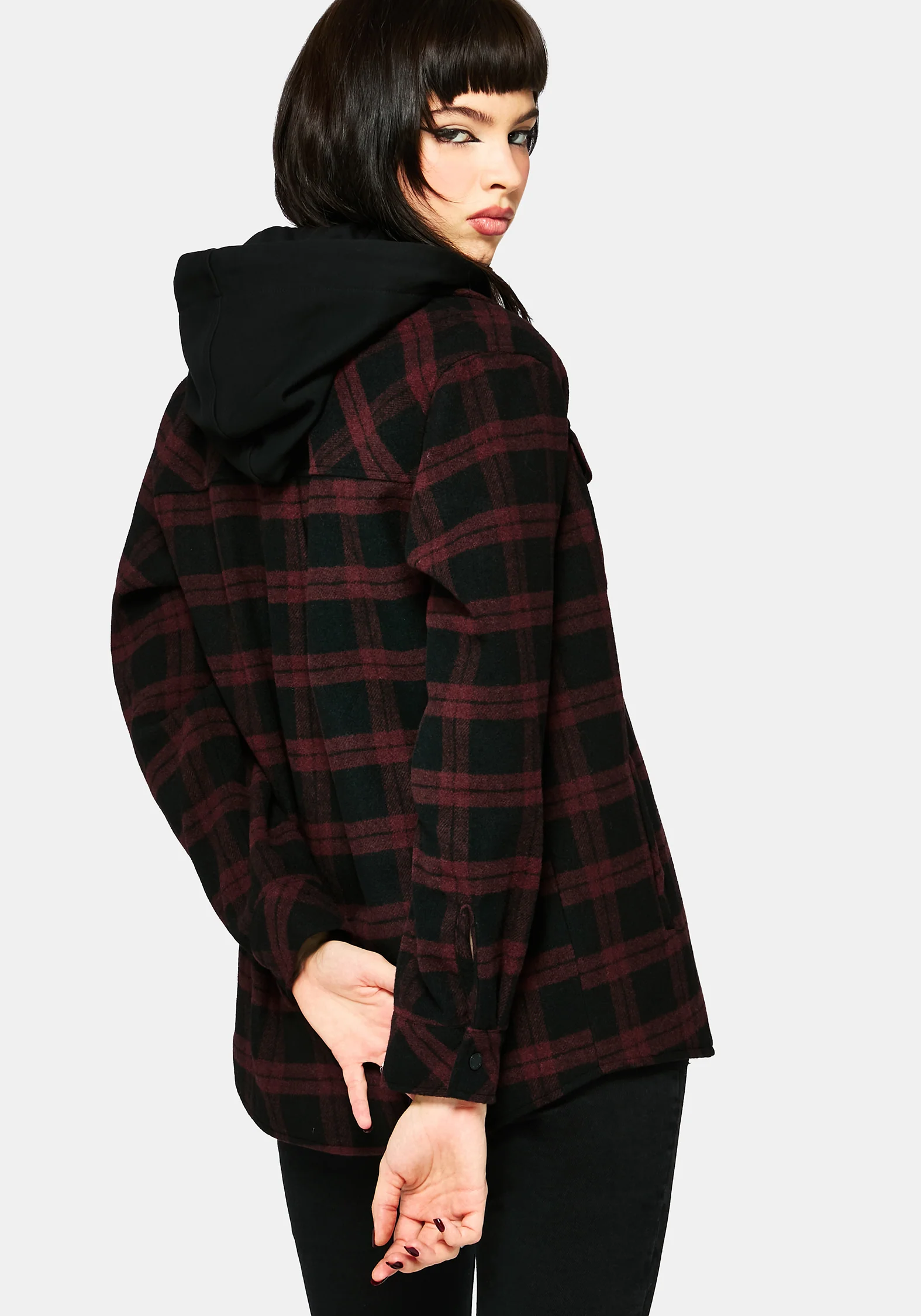 Trellis Hooded Pocket Check Shacket - Burgundy - Image 3