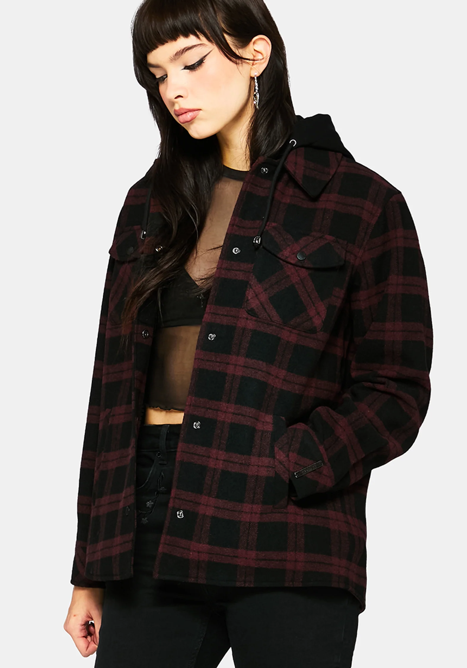 Trellis Hooded Pocket Check Shacket - Burgundy - Image 5