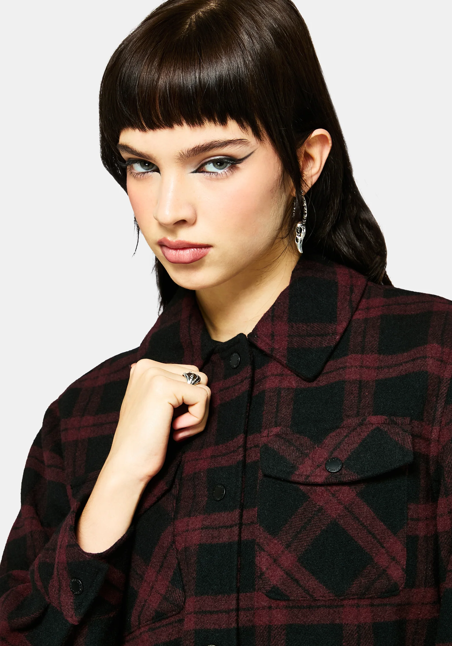 Trellis Hooded Pocket Check Shacket - Burgundy - Image 6
