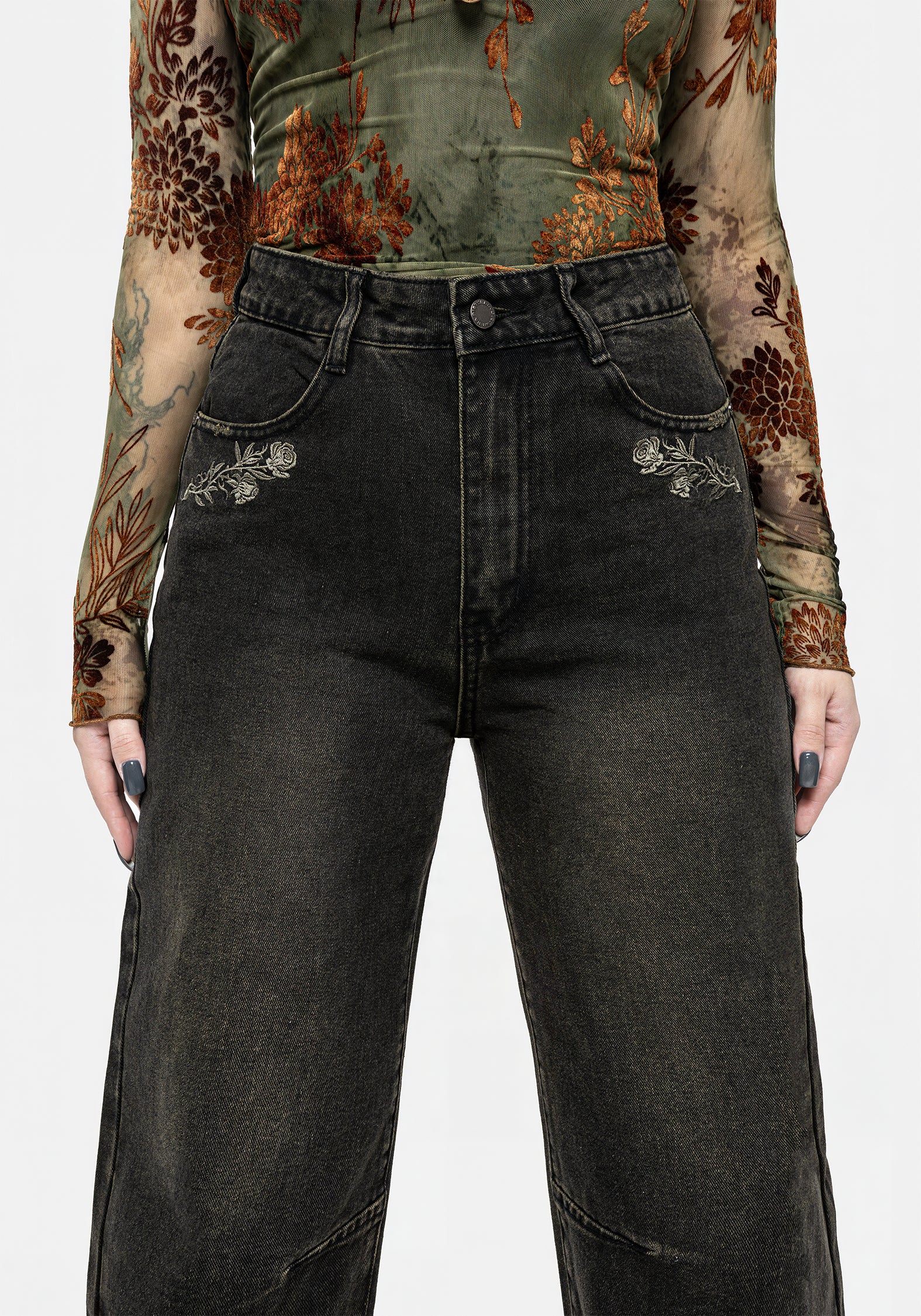 Veltha Floral Embroidered Denim Barrel Leg Jeans - Image 2