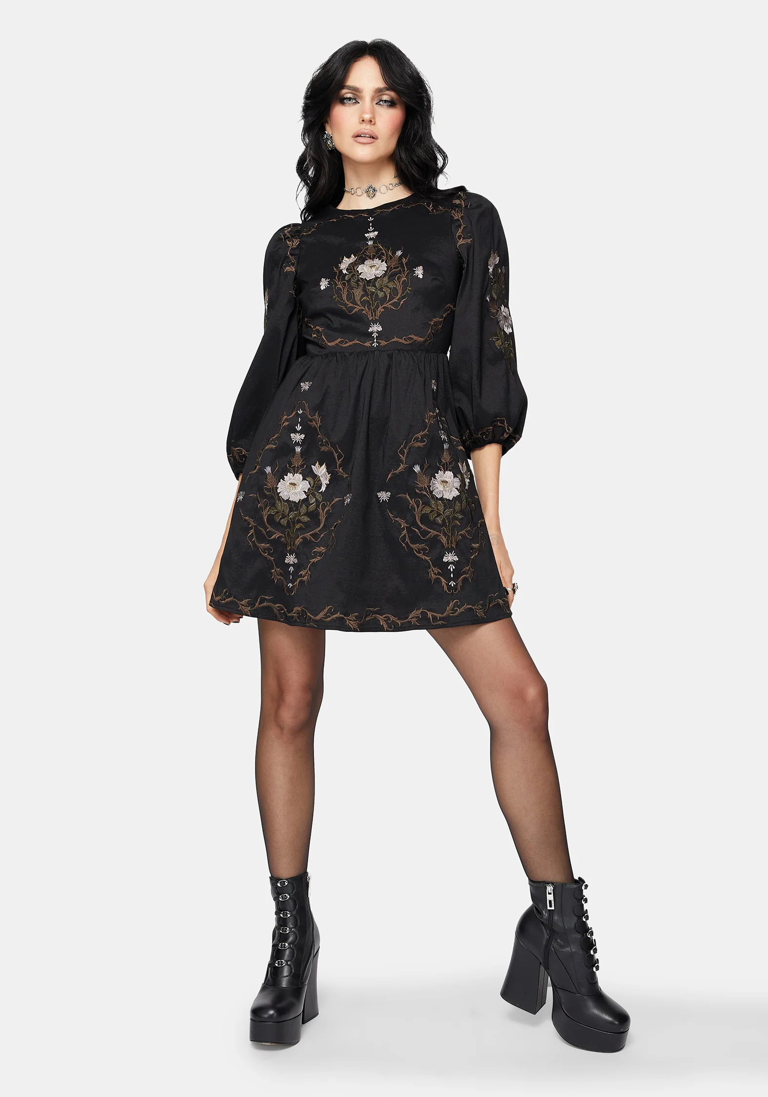Vine Floral Embroidered Long Sleeve Mini Dress - Image 4