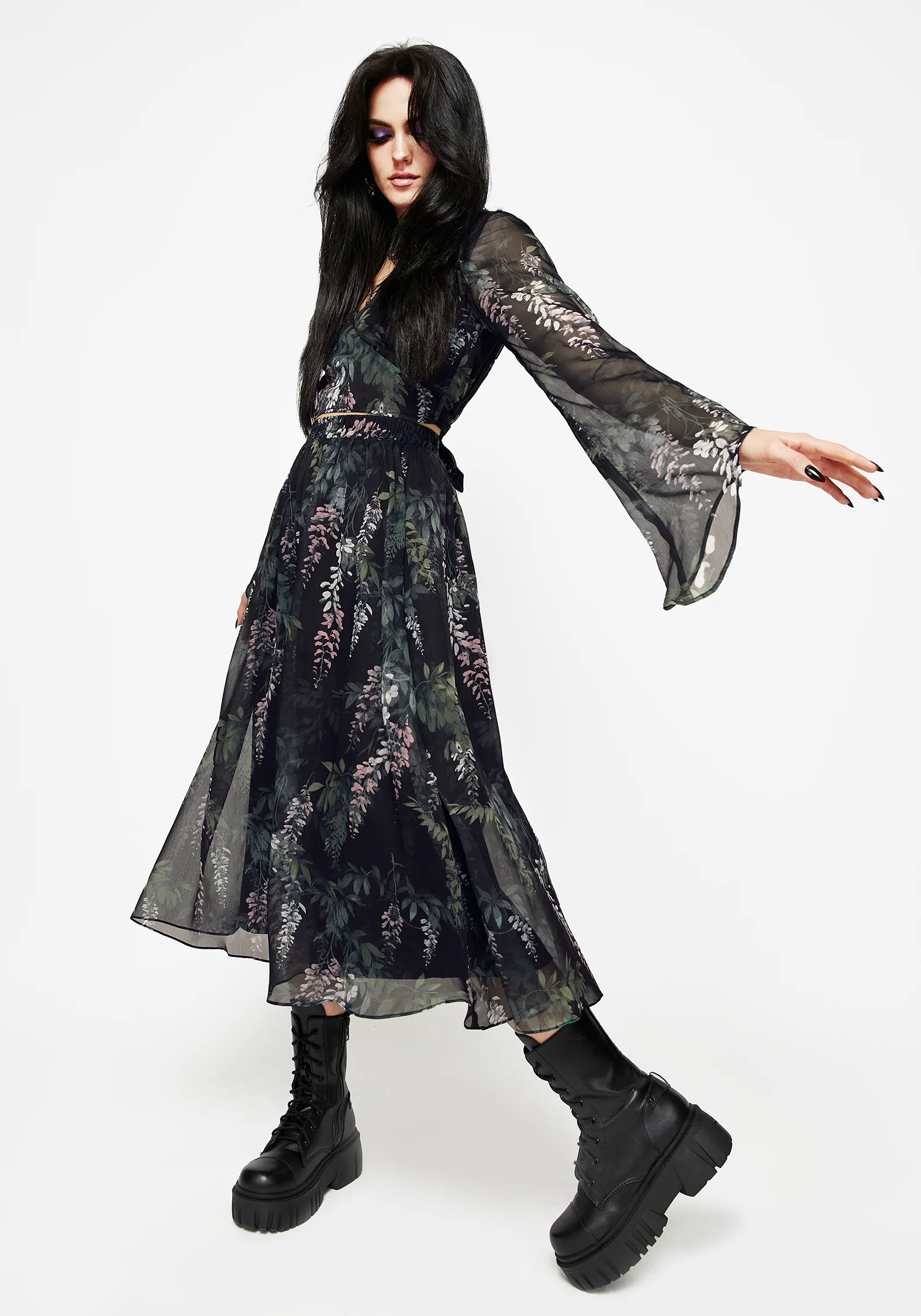 Wisteria Floral Print Chiffon Midi Skirt - Image 5