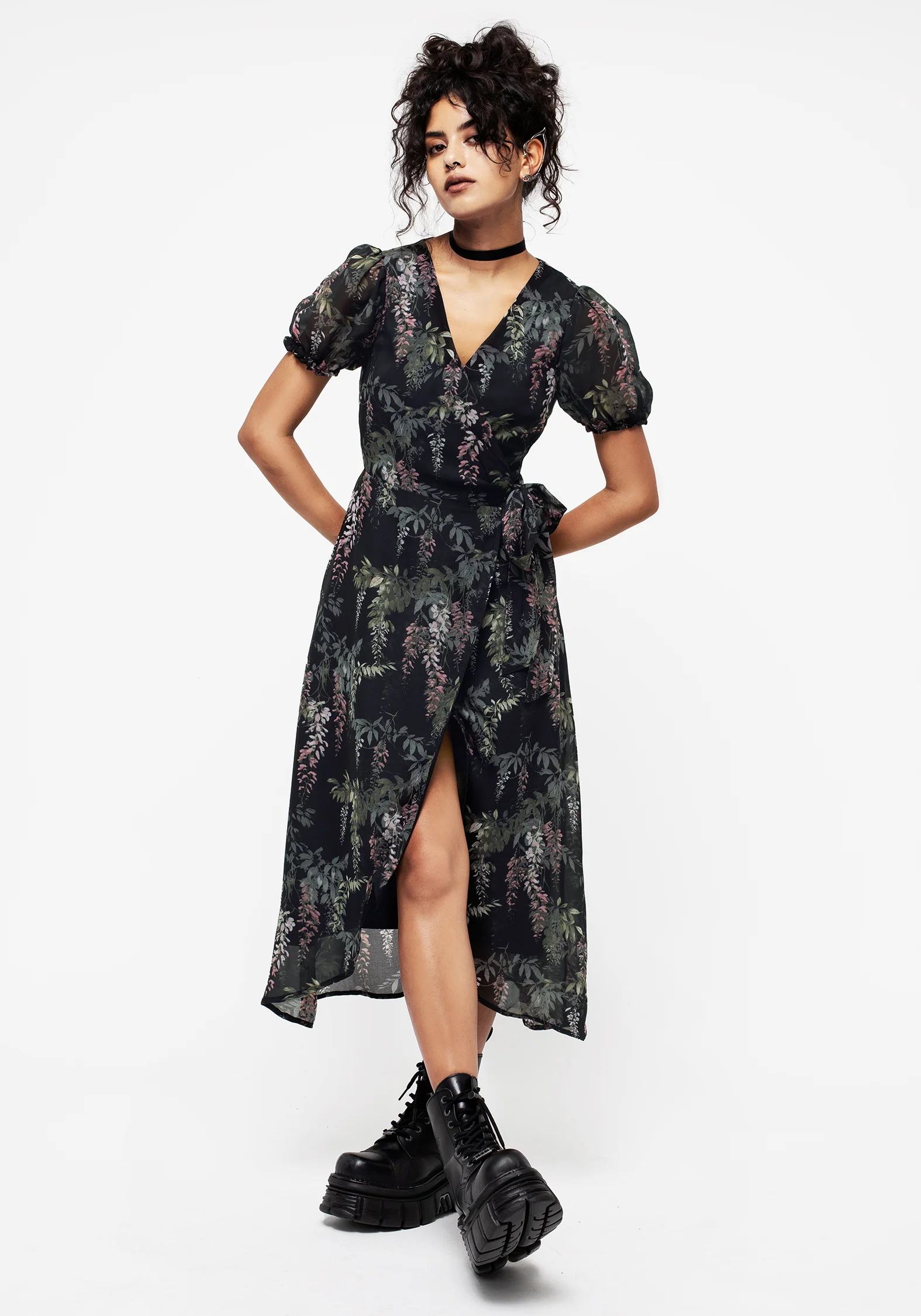 Wisteria Floral Print Chiffon Midi Wrap Dress - Image 3