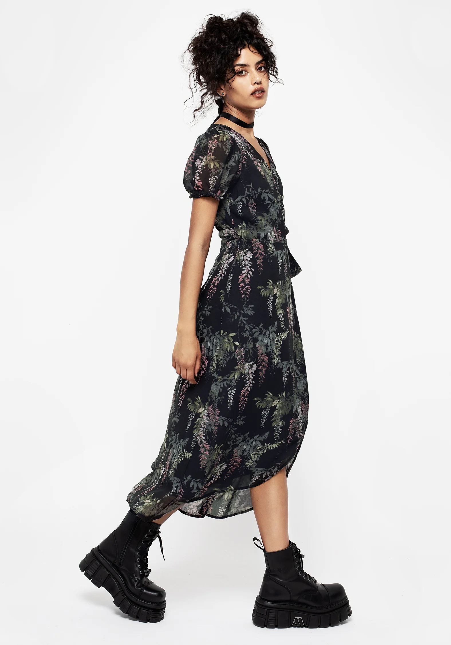 Wisteria Floral Print Chiffon Midi Wrap Dress - Image 4